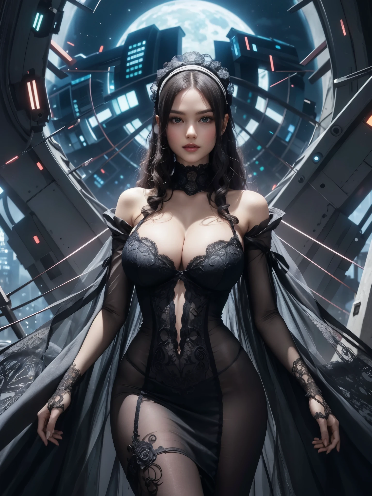 girl wearing victorian gown, BREAK, 1girl, gown, dress, absurdly intricate details ornate pattern, detailed face, lace bowknot bonnet hat, (deep long cleavage:1.2), (looking at viewer:1.2), elegant pose, city lights on the background, (futuristic fantasy city:1.2), immense building, night, gigantic breasts,