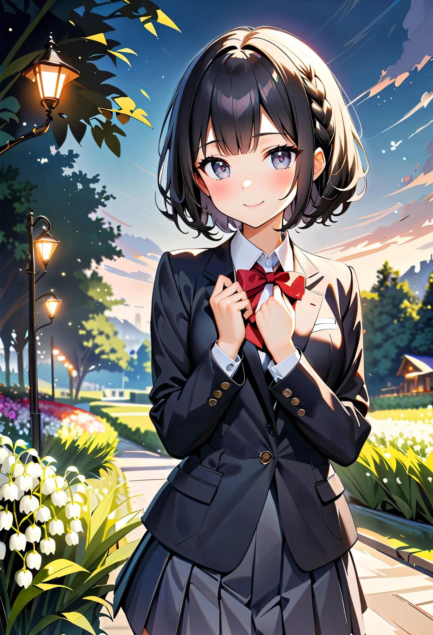 (highest quality:1.2, Very detailed, Ultra-high resolution, masterpiece:1.2, highest quality, Best aesthetics), (((1 girl))), Beautiful woman, , jk, blazer, Collared shirt with red ribbon, Pleated skirt, (Black Hair, Braided Hair, Silver Eyes, wave hands), Reflection of light, translucent, Fascinating, smile, Watery eyes, Detailed eyes, Delicate, dream-like, Surreal, ((Seasonal flower gardens, Lily of the valley)), Soft Light, Elegant gestures, Shallow depth of field, Bokeh:1.2.