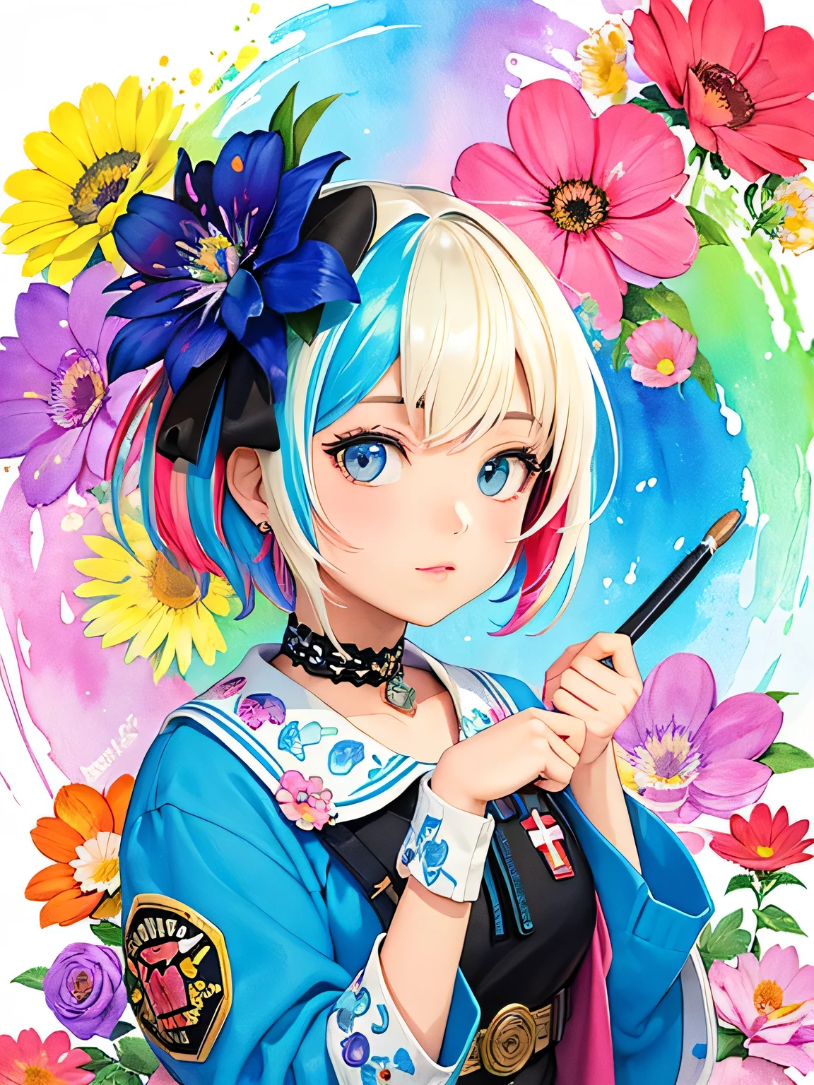 Tiv style、(((Landmine fashion))), 8K Quality、Intense watercolor, Detailed watercolor art, Watercolor splash, Surreal, avant-garde pop art, Beautiful and expressive paintings, Beautiful artwork illustration, Very colorful tones, wonderful, Cool beauty, highest quality、Official Art, Vector art, Stylish design, (((The most beautiful girl))), (((highest quality))), HDR, ((detailed)), (((Doodle Art)), ((masterpiece)), ((Super detailed)), (((Colorful flowers))),(((Stylish))),