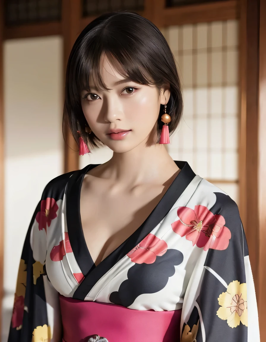 ((oiran woman)),(top-quality、8K、32K、masterpiece、超A high resolution、nffsw:1.3)、(Japan idol:1.3)、1girl in、(cute tits)、((extremely cute breasts)),(short-hair)、abdominals、the perfect body、,((oiran woman)), Delicate facial features, Ultra-realistic, Hyper-realistic, clavicle、Shadow、octan render、((maikurobikini)),((Wear a beautiful kimono with a high degree of exposure)),hyperdetailed face、Detailed lips、finely eye、double eyelid、(Enchanting)、((agitation:1.5))、maikurobikini、、、((Female ninja)),Kunoichi Ninja、、Mystical expression、shrine background、Old Town of Japan、((heavy breasts)),Toostock、mecosuji、Kimono with colorful floral pattern、highcontrast、(((Brightly colored kimono))), small breasts、((Glamorous Jar)).((Take a variety of sexy poses)),flicker、Kimono comes off、(arms at side down),