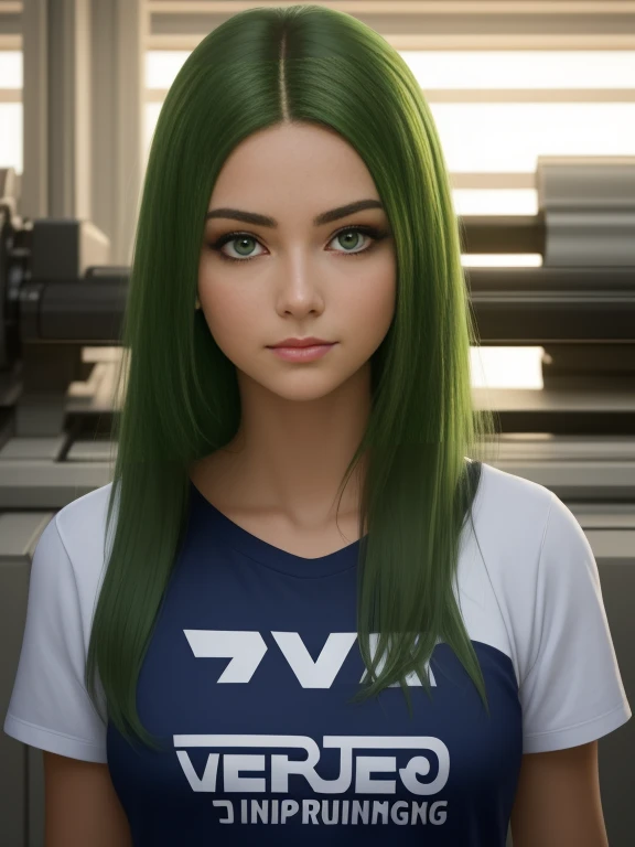 (melhor qualidade, obra de arte). mulher jovem, olhos verdes escuros, vestindo camiseta (((no printing))), cabelo ruivo longo e ondulado, (cinematic contour lighting), fechar-se, Olhando para o visualizador, rosto perfeito, nitidez, soft lighting, perfect composition