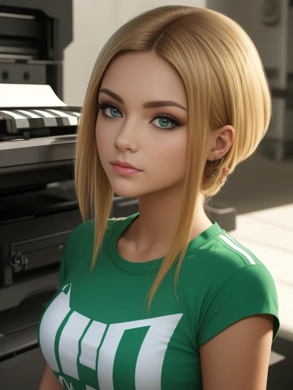 (melhor qualidade, obra de arte). mulher jovem, olhos verdes escuros, vestindo camiseta (((no printing))), cabelo ruivo longo e ondulado, (cinematic contour lighting), fechar-se, Olhando para o visualizador, rosto perfeito, nitidez, soft lighting, perfect composition