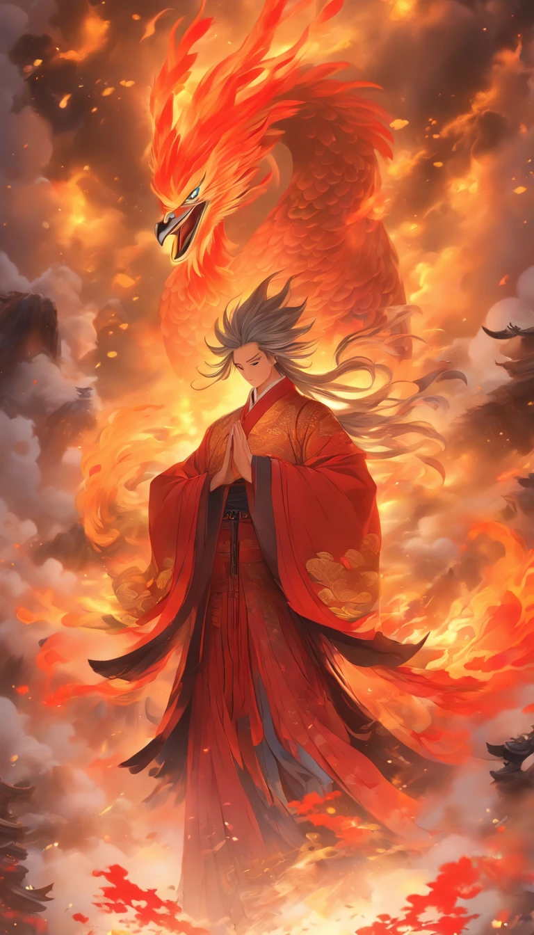 Chinese style,Medium shot scenes,A Taoist priest stood in front of a giant firebird with its wings spread,Reach out,Long, messy hair,Glow effect,Surreal,Ultra-photorealism,Chinese Ink Painting,Fiery,corruption,Dirt,cloud,8k,Ultra-fine,high quality,(((OC Renderer)))