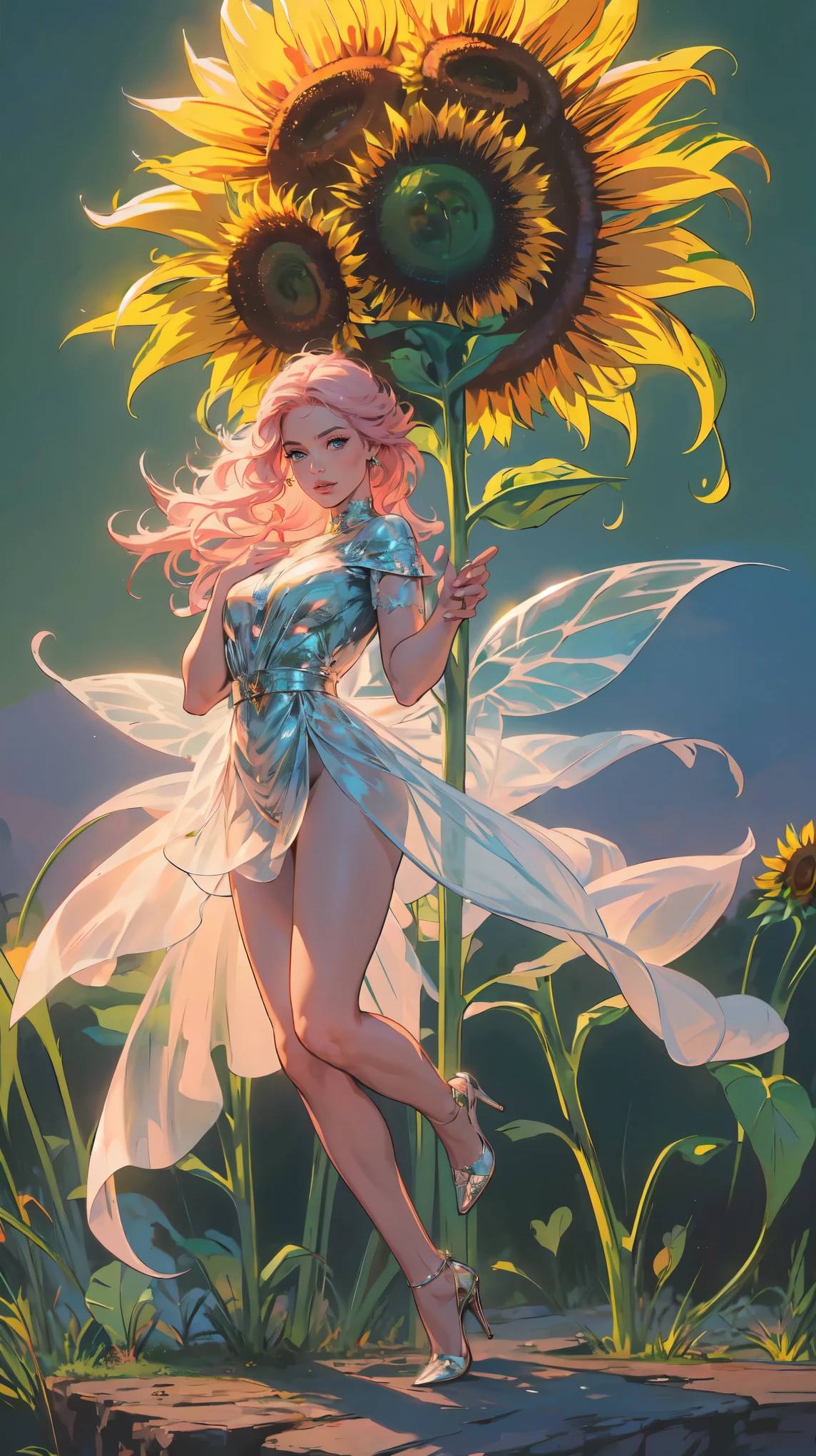 high details, best quality, 16k, RAW, [best detailed], masterpiece, best quality, (extremely detailed), GlowingRunes_red, full body, ultra wide shot, photorealistic, fantasy art, RPG art, D&D art, a picture of a fairy selling sunflowers in a florist shop, extremely beautiful fairy, ultra feminine (intense details, Masterpiece, best quality), butterfly wings (intense details, Masterpiece, best quality), blue and green wings (intense details, Masterpiece, best quality), light pink hair, long hair, shinning hair, flowing hair, shy smile, innocent smile, blue eyes, wearing bright skirt, dynamic elegant shirt, chocker, wearing high heels, in flower shop (intense details, Masterpiece, best quality), extreme many (sunflowers: 1.3) (intense details, Masterpiece, best quality), sunflower shop in a modern era street, High Detail, Ultra High Quality, High Resolution, 16K Resolution, Ultra HD Pictures, Ultra Realistic, Clear Details, Realistic Detail, Ultra High Definition