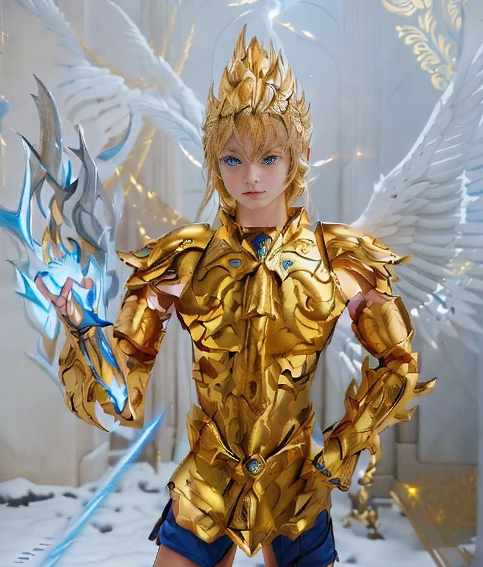 Real life adaption of this character, A boy cosplayed as a saint seiya gold saint, golden armour with friezes, (((((photorealistic style raw)))), blonde hairs, holy sword friezes, blue flames around arm, blonde hairs, caucasian race, realistic light,realistic shadow,realistic background,(photorealistic:1.2),realistic hands