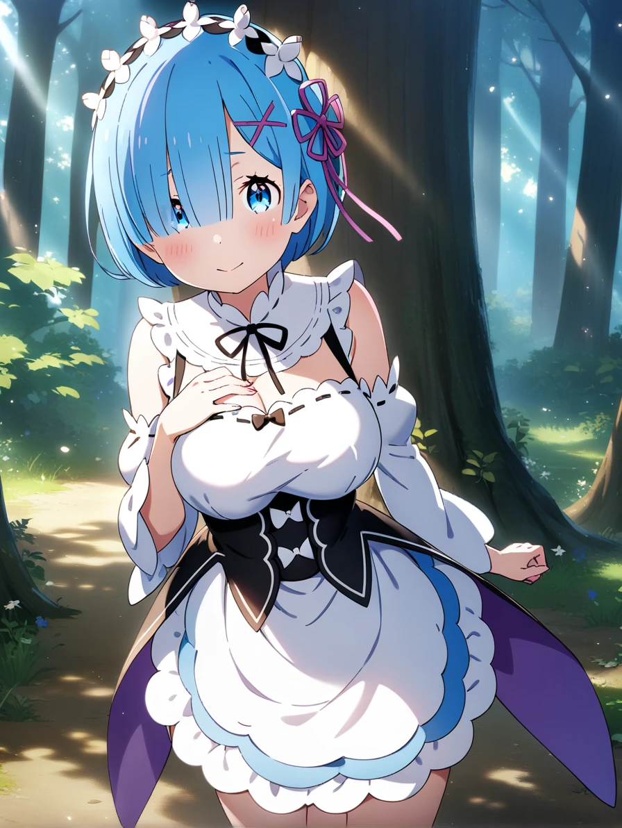 1girl, rem \(re:zero\), re:zero kara hajimeru isekai seikatsu, large breast, in the forest, closed mouth, looking at viewer, key visual, highly detailed, masterpiece, best quality, very aesthetic, absurdres