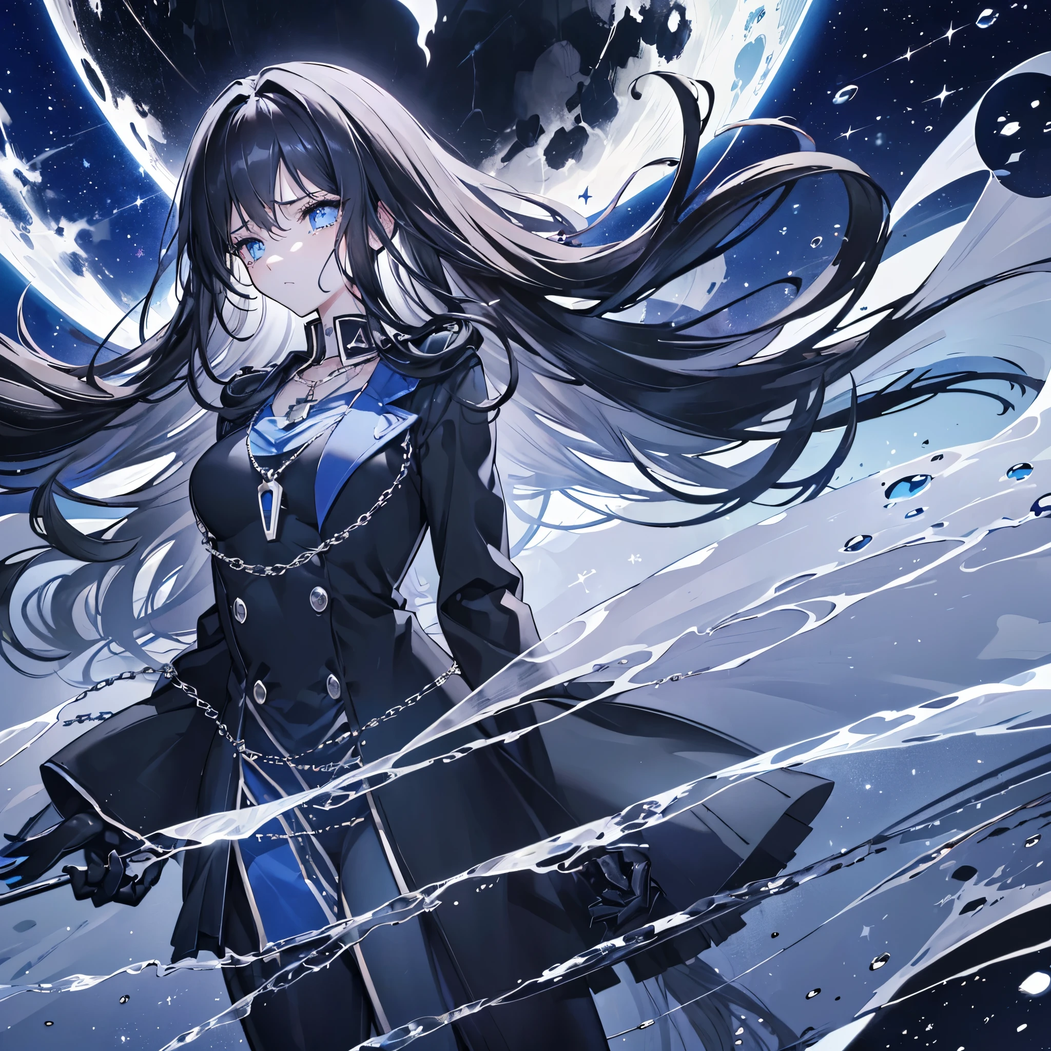 ((high resolution Black Hair Long Hair Dull blue eyes uniform Lonely despair)) ((necklace Tears gloves)) (New York at Night Distorted Space-Time star moon) Catch the wind Light