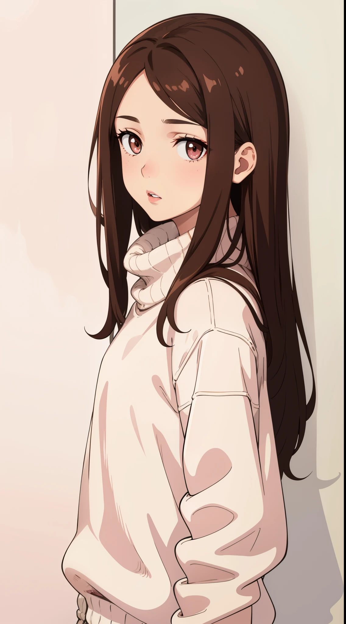 Girl, long brown hair, brown eyes, sharp features, white skin, pink lips, calm, beautiful, sweater
