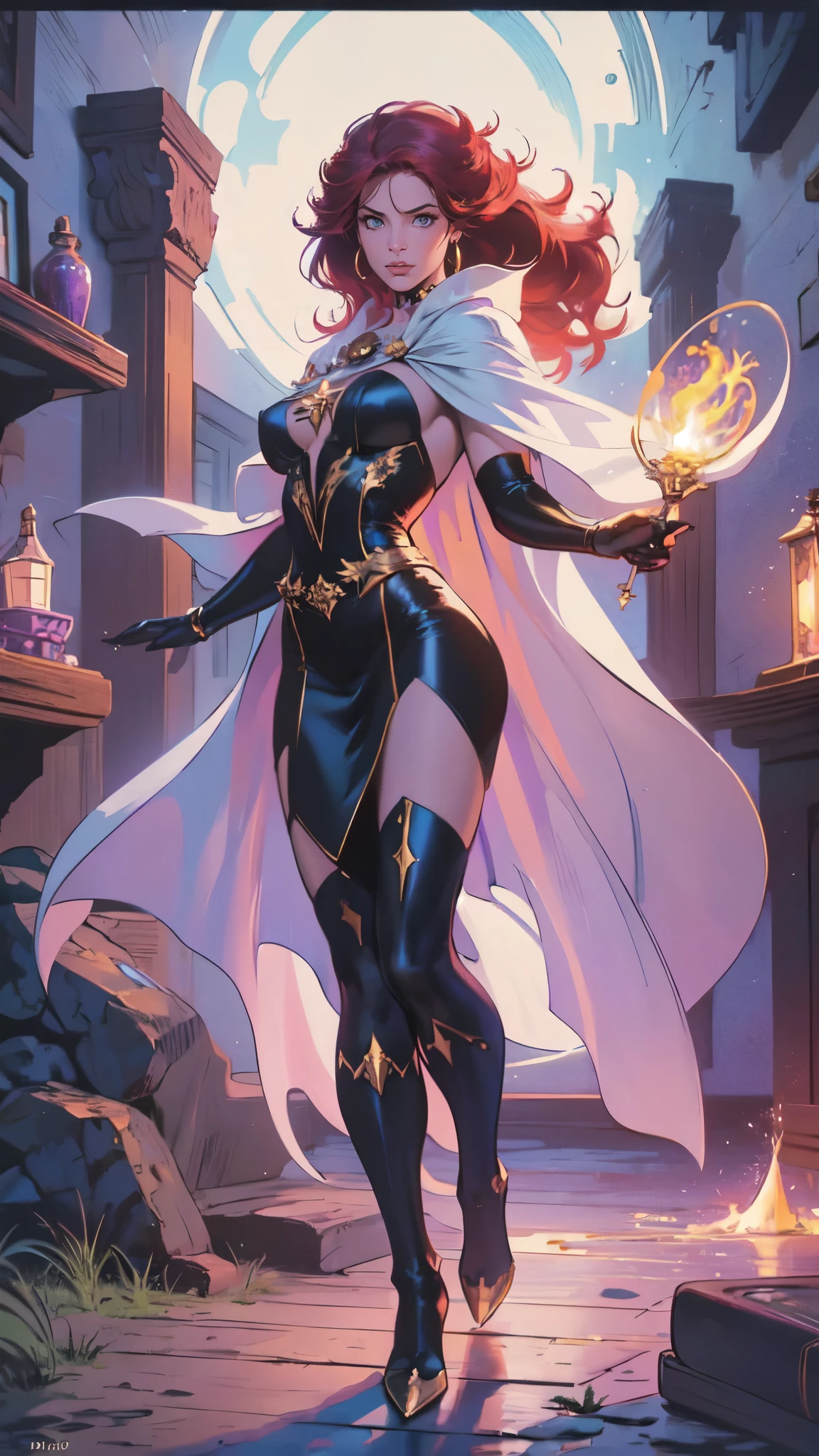 high details, best quality, 8k, [ultra detailed], masterpiece, best quality, (extremely detailed), full body, ultra wide shot, julie bell style (ultra details, Masterpiece, best quality), fantasy art, dnd art,fantasy art, realistic art, a sorceress casting a Glowing Purple spell in magical library (ultra details, Masterpiece, best quality), exquisite beautiful human woman (ultra details, Masterpiece, best quality), red hair, long hair, (long black dress: 1.2), (white cloak: 1.3), high heeled boots (ultra details, Masterpiece, best quality) Glowing Purple
