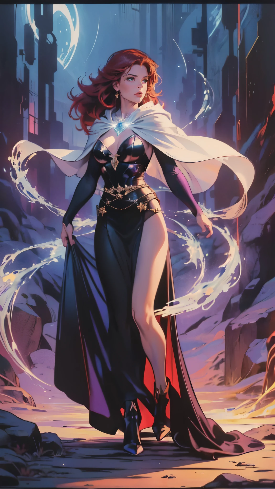 high details, best quality, 8k, [ultra detailed], masterpiece, best quality, (extremely detailed), full body, ultra wide shot, julie bell style (ultra details, Masterpiece, best quality), fantasy art, dnd art,fantasy art, realistic art, a sorceress casting a Glowing Purple spell in magical library (ultra details, Masterpiece, best quality), exquisite beautiful human woman (ultra details, Masterpiece, best quality), red hair, long hair, (long black dress: 1.2), (white cloak: 1.3), high heeled boots (ultra details, Masterpiece, best quality) Glowing Purple