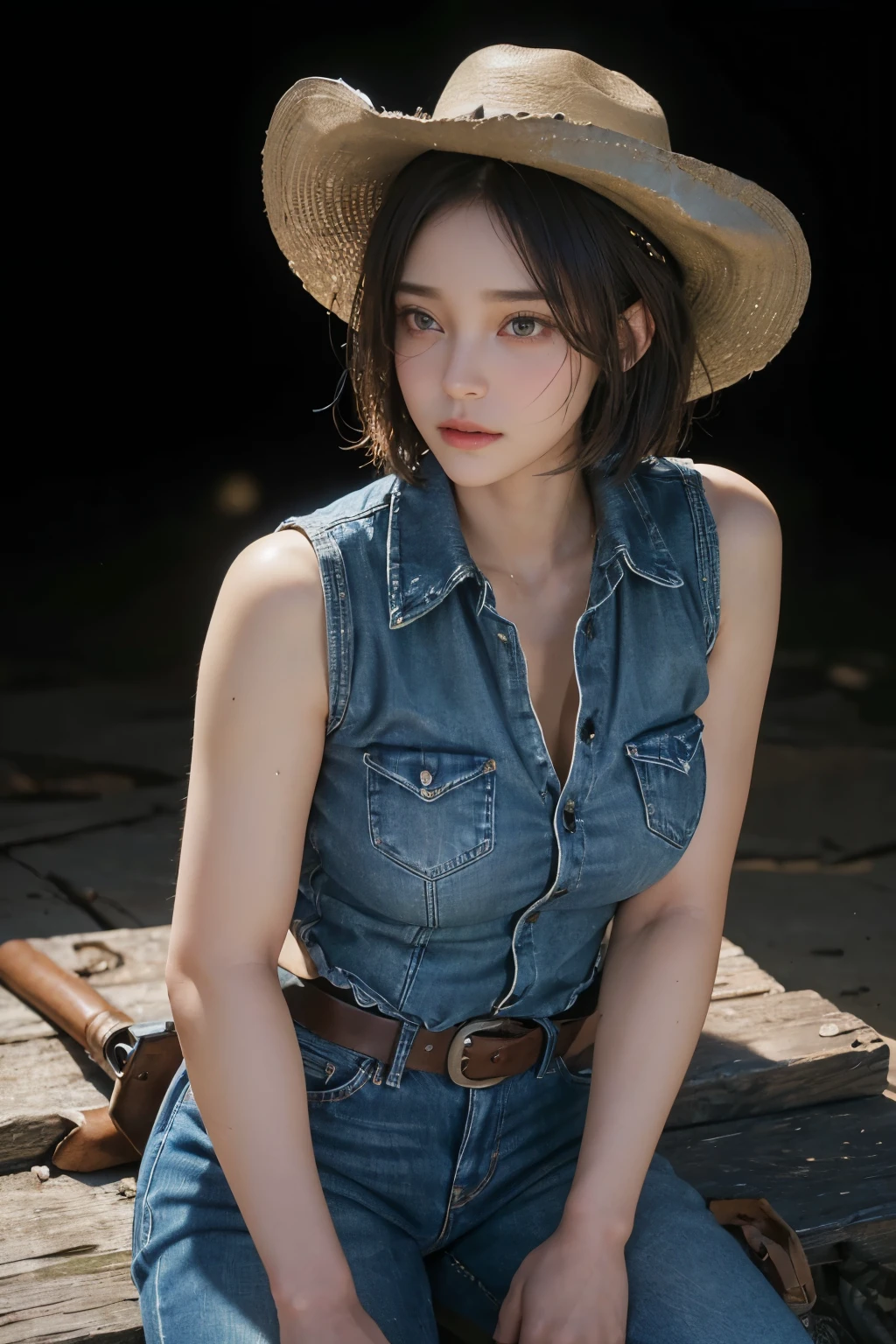 ((8k quality,highest quality,RAW Photos,masterpiece:1.2),(photo realistic:2.0),(very detailed faces)), 1girl, in the dark, deep shadow, low key, (Extremely realistic skin texture:1.4),(front focus), (in the dark:1.6), Hyperrealist portrait of female by david hockney and alphonse mucha, fantasy art, dynamic lighting, artstation, volumetric lighting, (cowboy shot) ,(Big breasts:1.4), She is looking straight into the camera lens,short hair,Bobcut,Shiny black hair,standing,(Generate a detailed image of a cowboy cosplay outfit with authentic Western attire, including a wide-brimmed hat, leather vest, denim shirt, bandana, rugged boots, and accessorized with a gun holster and a gun and belt buckle.),(Generate an image of a person's hand resting on the grip of a gun in a leather holster, depicting a confident and poised gesture as if ready for action.),My chest is visible/
