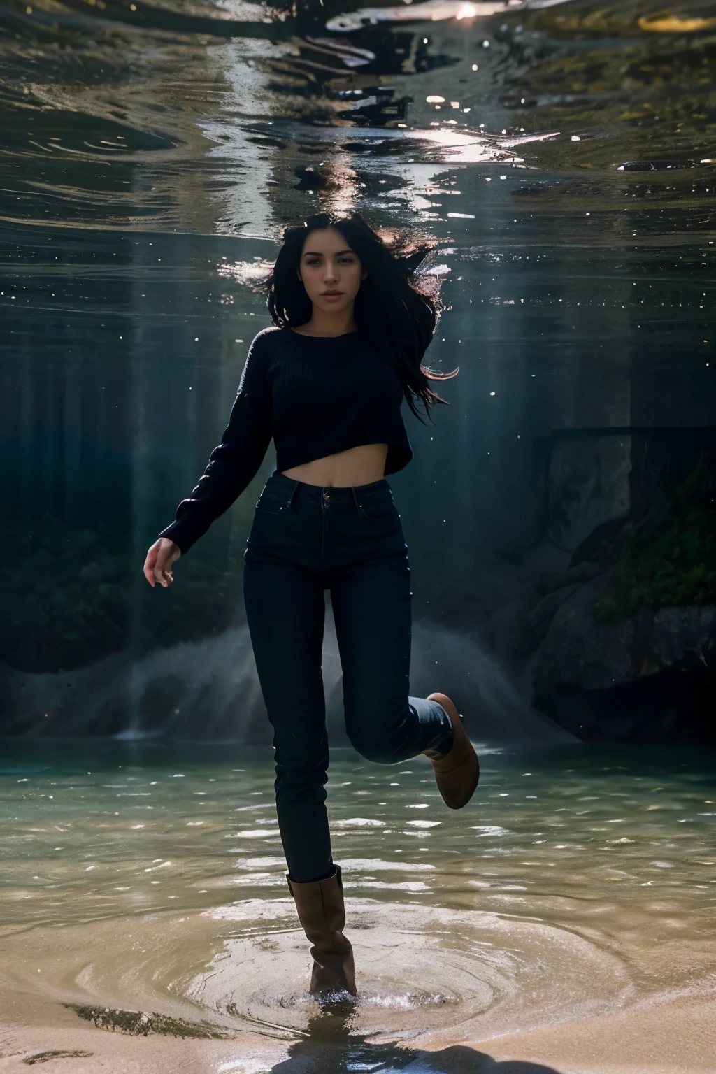 Picture prompt: A breathtaking cinematic photo of a girl, her straight black hair cascading behind her as she takes a daring leap into the deep blue sea. She wears tall, skinny, dark blue jeans, trousers that hug her slender figure perfectly, and a heavy pink winter sweater that contrasts beautifully with the cool water. On her feet, she dons tall brown boots, their textureblendings seamlessly with the wet sand. The sunlight filtering through the water creates an ethereal glow around her figure, as she submerges herself in the crisp, invigorating waters, capturing the essence of adventure and the allure of the unknown in this epic Hollywood