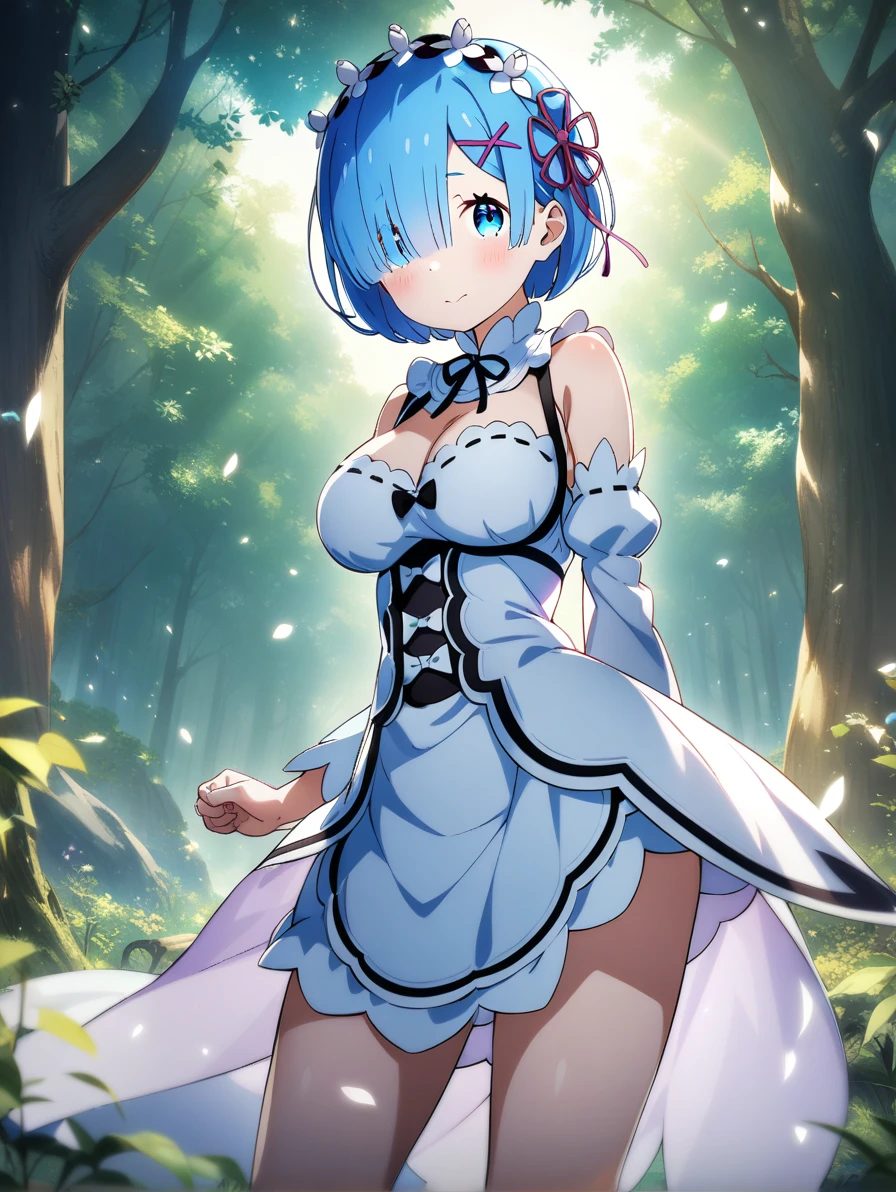 1girl, rem \(re:zero\), re:zero kara hajimeru isekai seikatsu, large breast, in the forest, closed mouth, looking at viewer, key visual, highly detailed, masterpiece, best quality, very aesthetic, absurdres