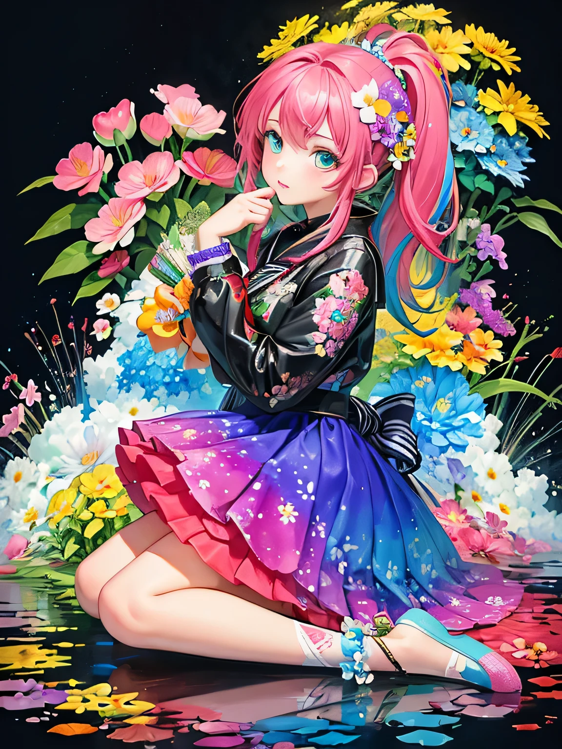 Anmi style、(((Landmine fashion))), 8K Quality、Intense watercolor, Detailed watercolor art, Watercolor splash, Surreal, avant-garde pop art, Beautiful and expressive paintings, Beautiful artwork illustration, Very colorful tones, wonderful, Cool beauty, highest quality、Official Art, Vector art, Stylish design, (((The most beautiful girl))), (((highest quality))), HDR, ((detailed)), (((Doodle Art)), ((masterpiece)), ((Super detailed)), (((Colorful flowers))),(((Stylish))),