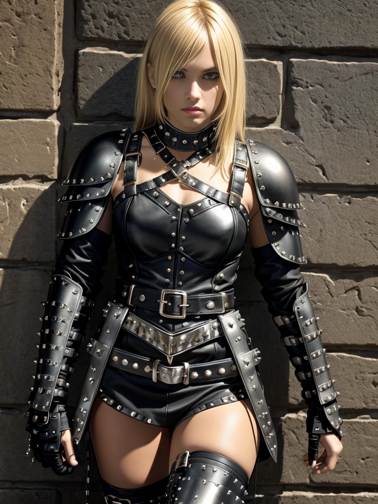 Blonde emo girl in iron and leather armor, black leather armor, black studded belt, studded bracelet, boots with buckles, studded collar, leather harness,
