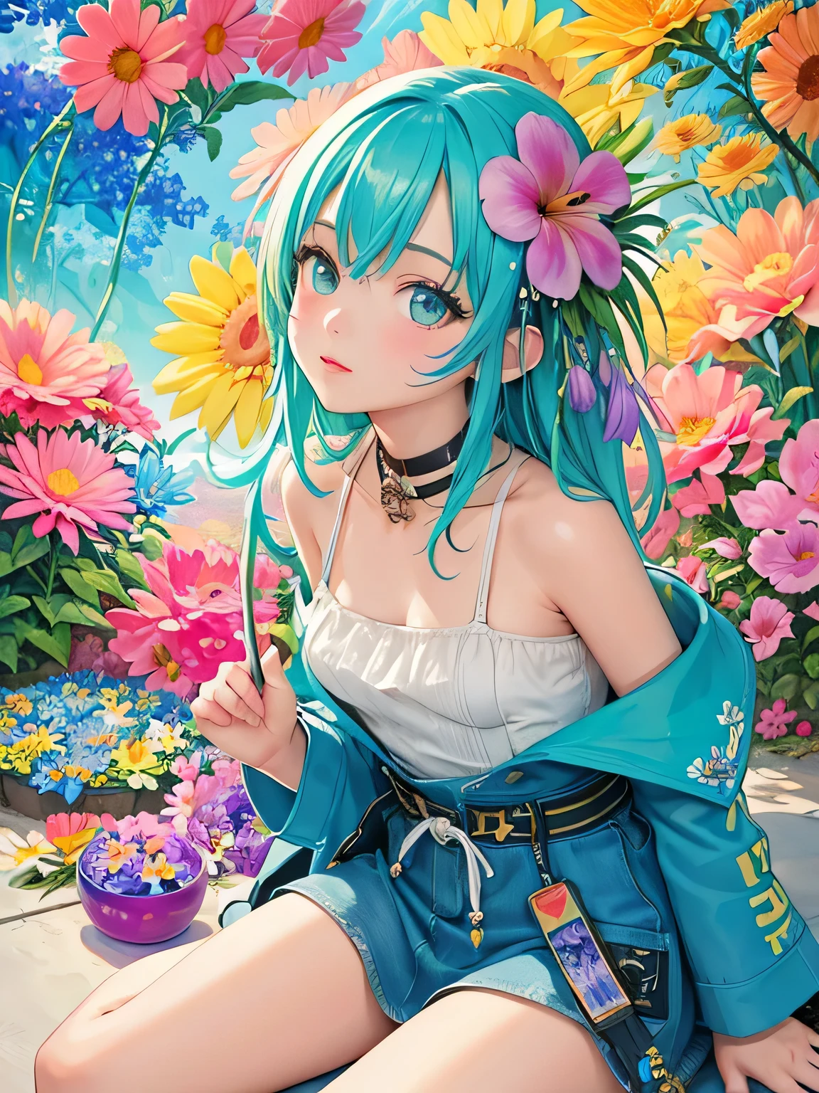 Anmi style、(((Landmine fashion))), 8K Quality、Intense watercolor, Detailed watercolor art, Watercolor splash, Surreal, avant-garde pop art, Beautiful and expressive paintings, Beautiful artwork illustration, Very colorful tones, wonderful, Cool beauty, highest quality、Official Art, Vector art, Stylish design, (((The most beautiful girl))), (((highest quality))), HDR, ((detailed)), (((Doodle Art)), ((masterpiece)), ((Super detailed)), (((Colorful flowers))),(((Stylish))),