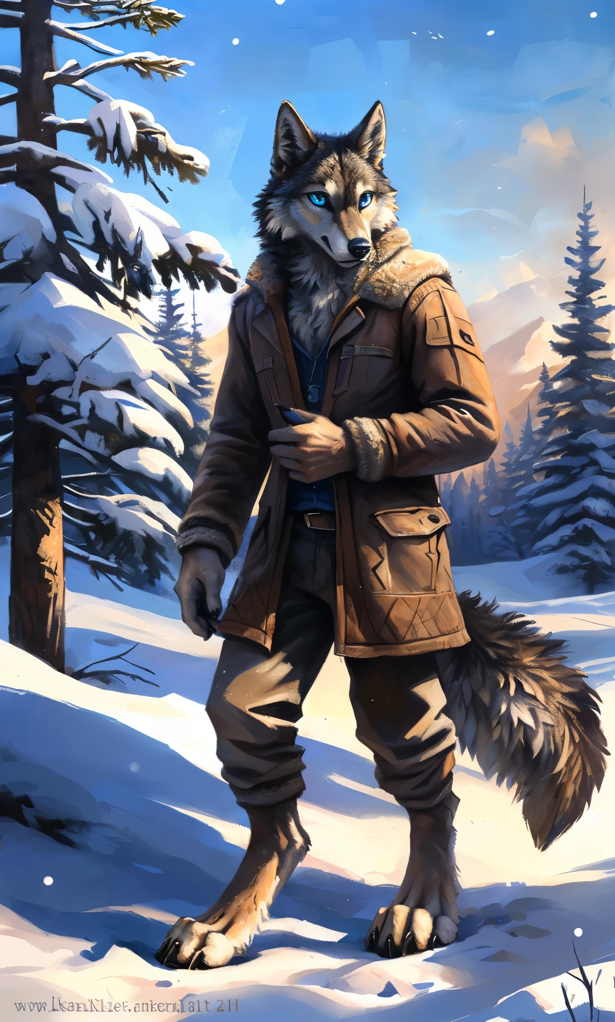 ((Solo)), male people, anthro wolf, (Multi-colored fur, White-brown:1.3,White tail pointed), (Height 2.1m,Tail length 1.2m), ((Wolf face, Big eyes, White eyelids, Blue pupil, Slim:1.2) (Tough, Calm expression:1.2)), Slim, pinging)), (Correct anatomy), (Winter clothing:1.1), The upper body naked, (detailed outfits),A long big tail,Feet,(Realistic fur, Detailed fur texture, labeled:1.3)), (Natural lighting), Photorealistic, Hyperrealistic, ultradetailed, by Kenket,Snowfield,erect through,Running on