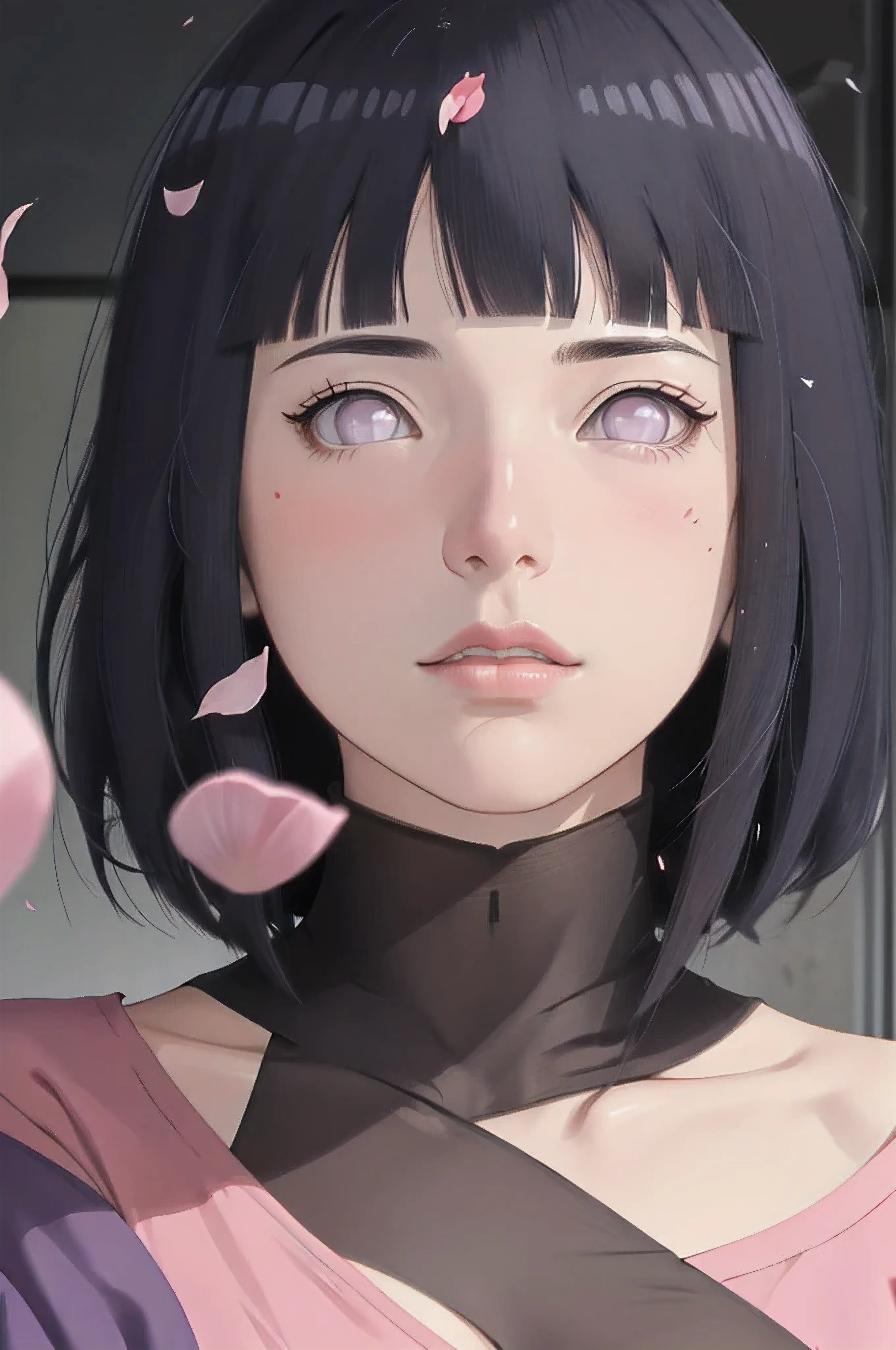 masterpiece, absurdres, hinata\(boruto\), 1girl, solo,mature female, off-shoulder oversized shirt, looking at viewer, (falling petals), perfect composition, detailed lips, big breast, beautiful face, body propotion, blush, (pink lips), long hair,  purple eyes,  soft gaze,  super realistic, detailed, photoshoot, realistic face and body,