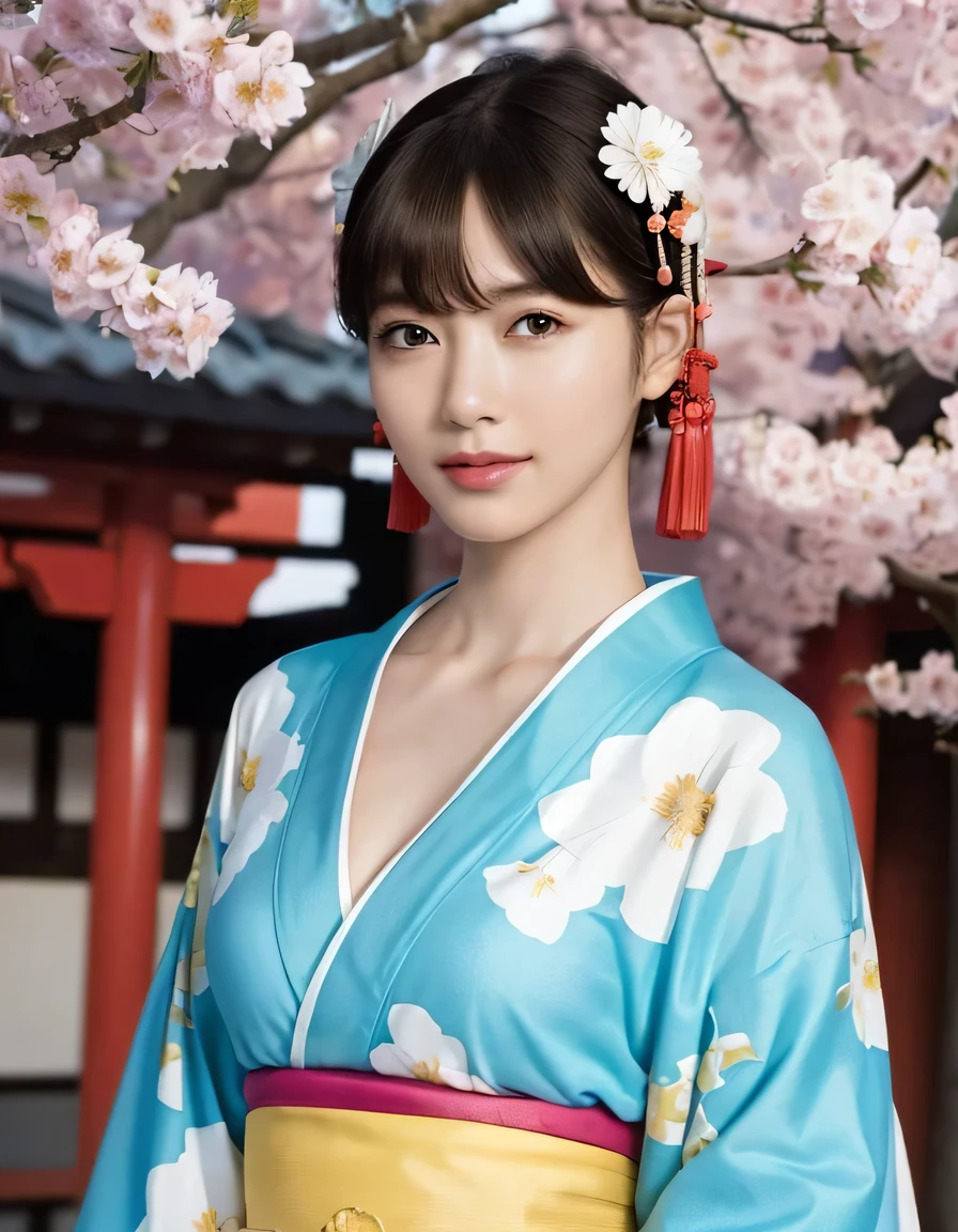 ((oiran woman)),(top-quality、8K、32K、​masterpiece、超A high resolution、nffsw:1.3)、(Japan idol:1.3)、1girl in、(cute tits)、((extremely cute breasts)),(short-hair)、abdominals、the perfect body、,((oiran woman)), Delicate facial features, Ultra-realistic, Hyper-realistic, clavicle、Shadow、octan render、((maikurobikini)),((Wear a beautiful kimono with a high degree of exposure)),hyperdetailed face、Detailed lips、finely eye、double eyelid、(Enchanting)、((agitation:1.5))、maikurobikini、、、((Female ninja)),Kunoichi Ninja、、Mystical expression、shrine background、Old Town of Japan、((heavy breasts)),Toostock、mecosuji、Kimono with colorful floral pattern、highcontrast、(((Brightly colored kimono))), small breasts、,flicker、Kimono comes off、(arms at side down), Smile shyly, smile with a smile,