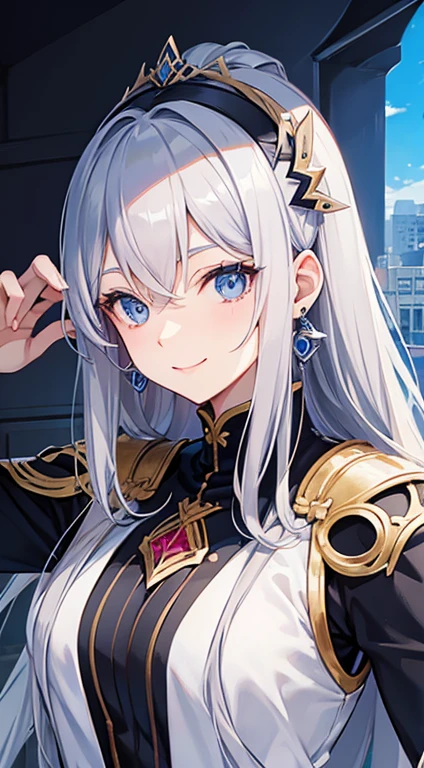 Cover Magazine, anime, woman, alone, Long Hair, Gray Hair, blue eyes, model, beautiful, Fantasy, Casual clothing. hair accessory. Unusual hairstyles. Earrings. smile. Hilarious. sword.