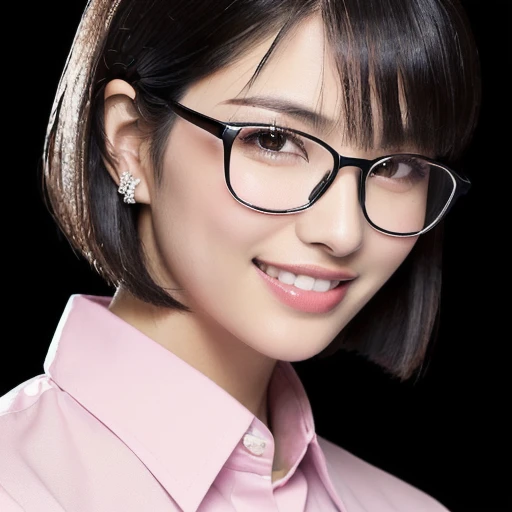 (masterpiece), (8k, best quality, high resolution), (ultra-detailed, realistic), (anatomically correct),
((face close-up)), (Standing), (No background),
(1woman), (looking at viewer),
(A Japanese woman, 30 years old and 155cm tall.),
(black hair), (straight hair), (short hair style), (bob cut), (hair behind ears),
(wear glasses), ((black cell frame glasses)),
((Wear a pink business shirt)),
(Create a detailed image of the eye),
(Her impression is pure, clean and kind.),
((A captivating smile, just showing a few teeth.)),