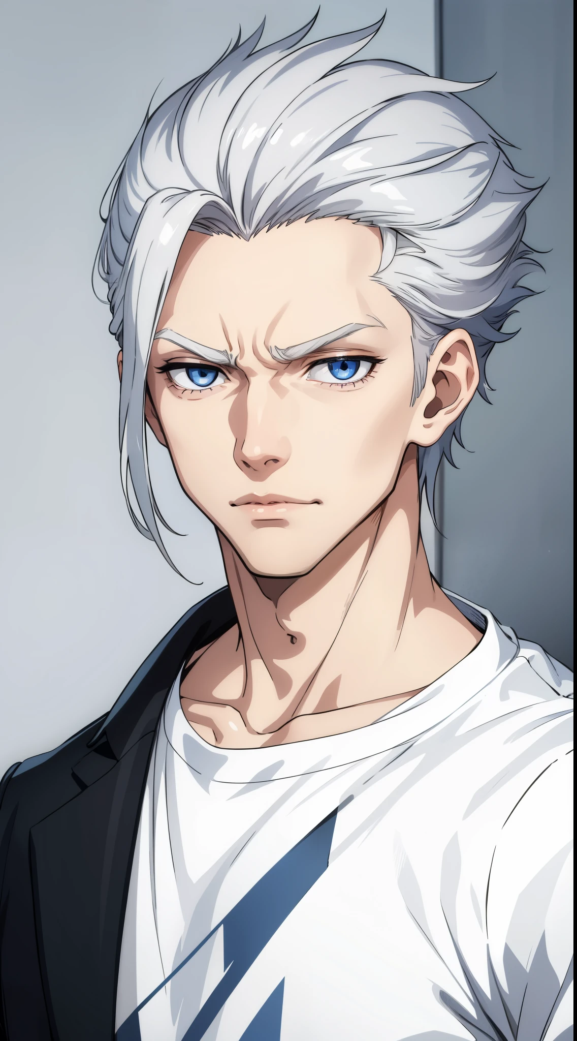 Boy, silver hair, blue eyes, serious sharp features, white skin, handsome, T-shirt, black jacket