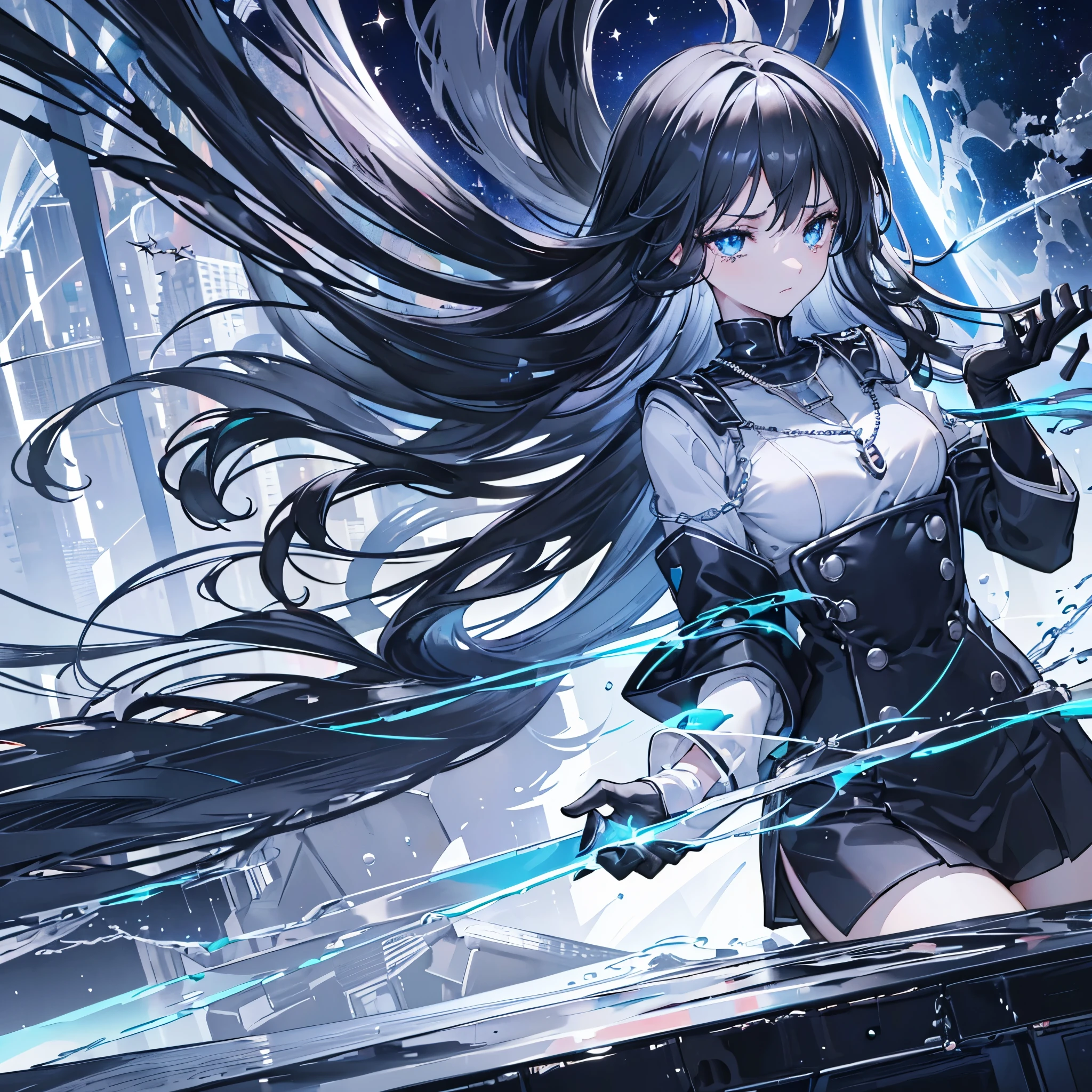 ((high resolution Black Hair Long Hair Dull blue eyes uniform Lonely despair)) ((necklace Tears gloves)) (New York at Night Distorted Space-Time star moon) Catch the wind Light