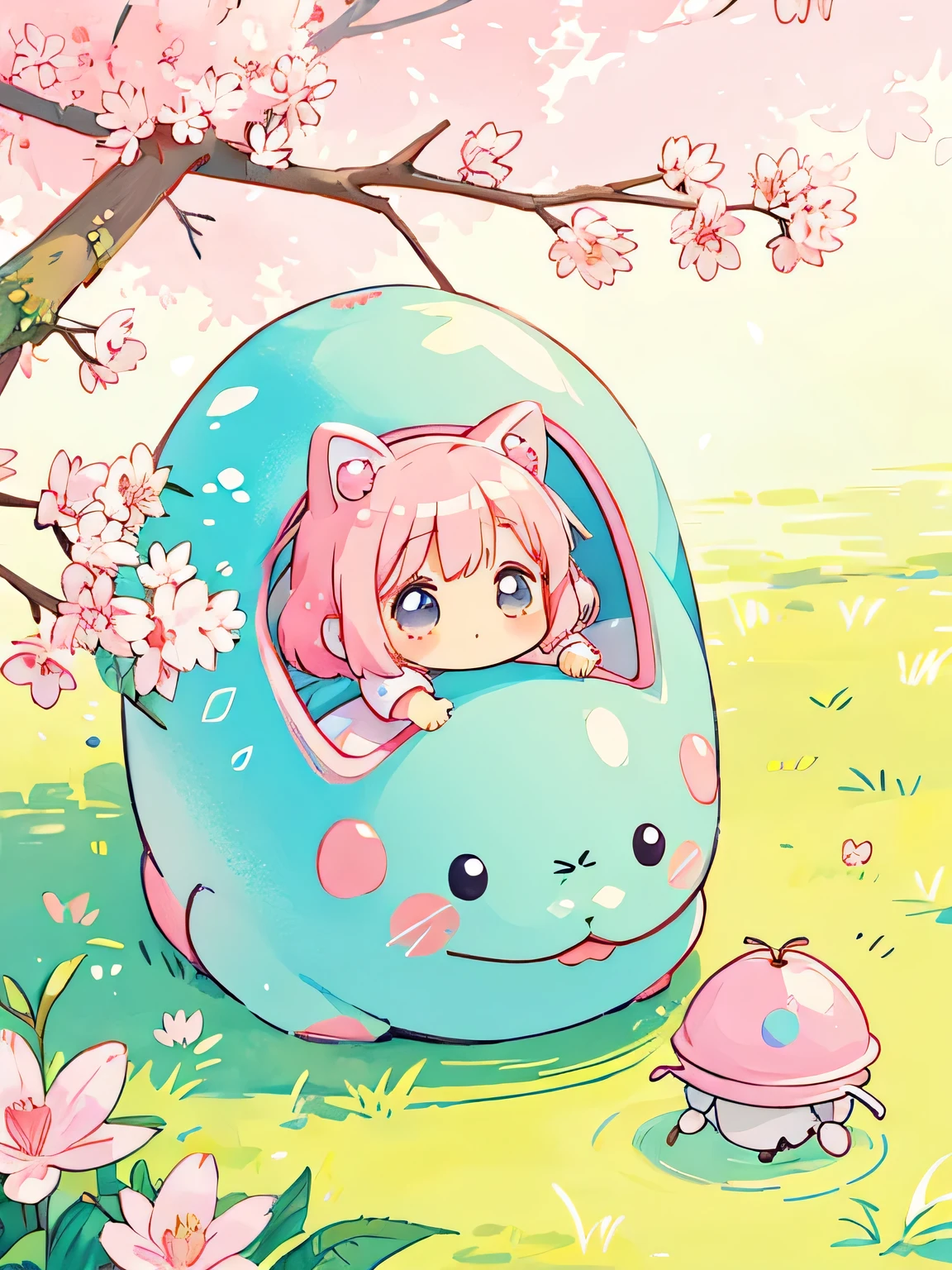 Momoko Sakura style, pastel colour,Kawaii Design, Chibi, beautiful spring afternoon、lovely colorful pillbug