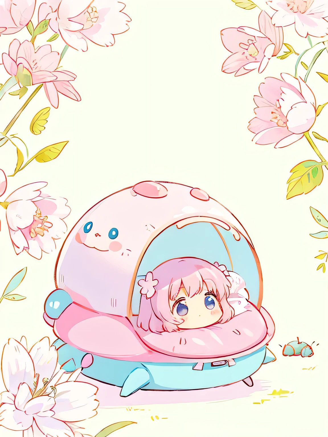 Momoko Sakura style, pastel colour,Kawaii Design, Chibi, beautiful spring afternoon、lovely colorful pillbug