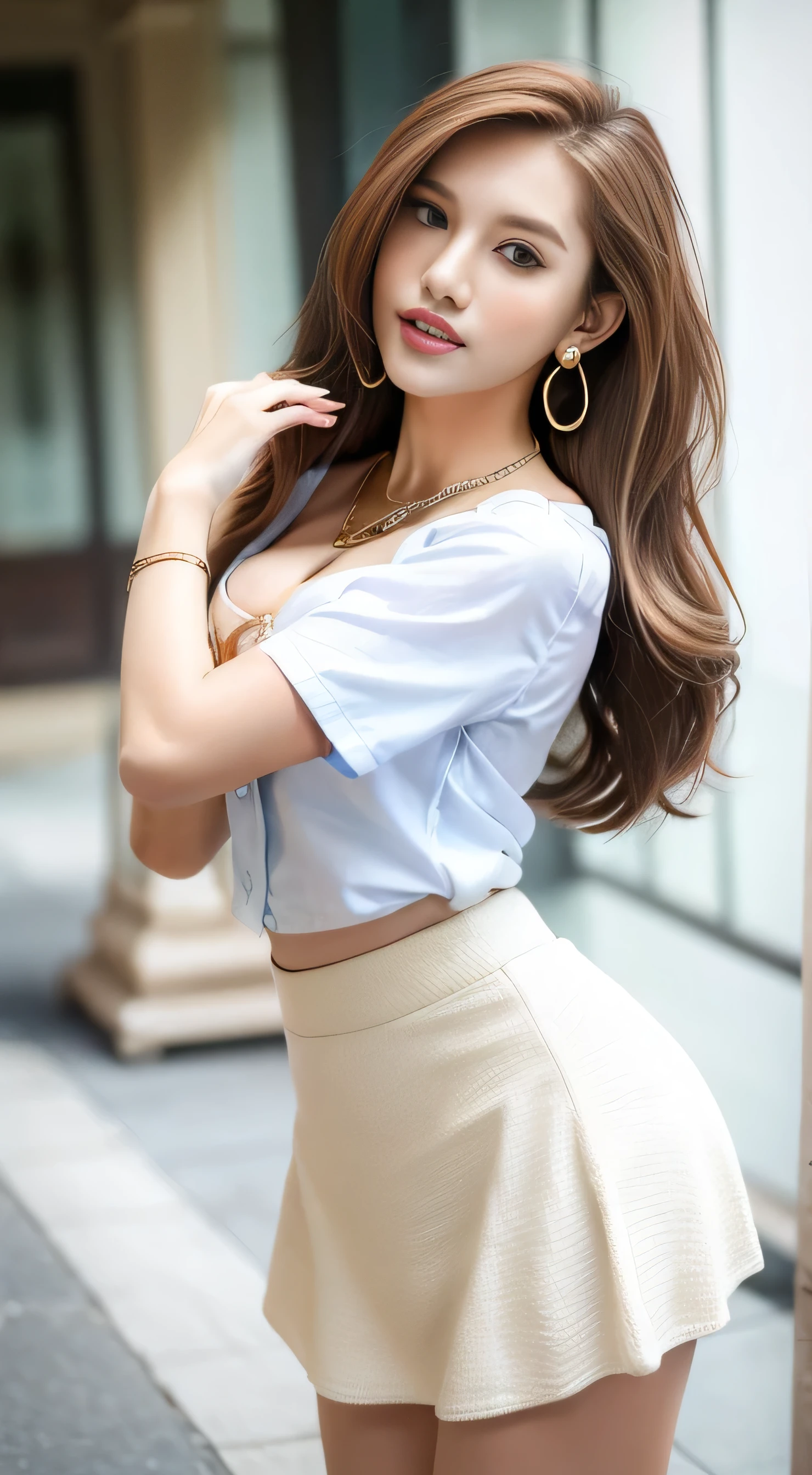 Fashion model, 18 years old [[[[Cleavage close-up]]]], [[[[Boobgasm]]]], [[[[col]]]], [[[[b shoulder]]]], Perfect Eyes, Perfect Iris，Perfect Lips，Perfect Teeth，Perfect Skin，White skin，Soft Front Light，High resolution，Movie Girl，The background is outdoors、((Wearing white crisp shirt:1.3)),((wearing blue flared mini skirt:1.3)),((Gold Necklace＿Large earrings:1.2)),((Extra long brown hair:1.2))、full figure supermodel standing, entire body in frame、