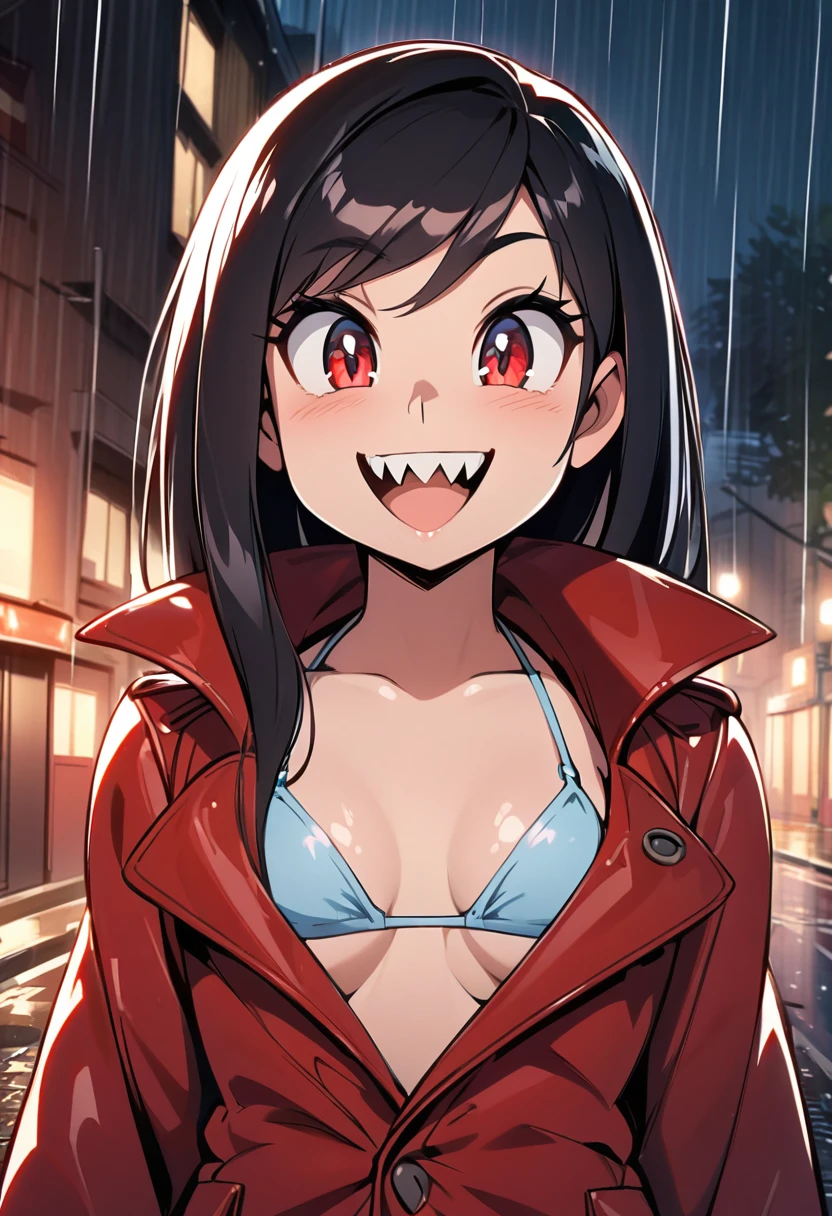 red eyes, large mouth, sharp teeth, long black hair, shiny skin, red trench coat, bikini, bigmbust:1.4. night, empty street, outdoors, rain, 1girl, solo, upper body, facing viewer, looking at viewer, smile, 