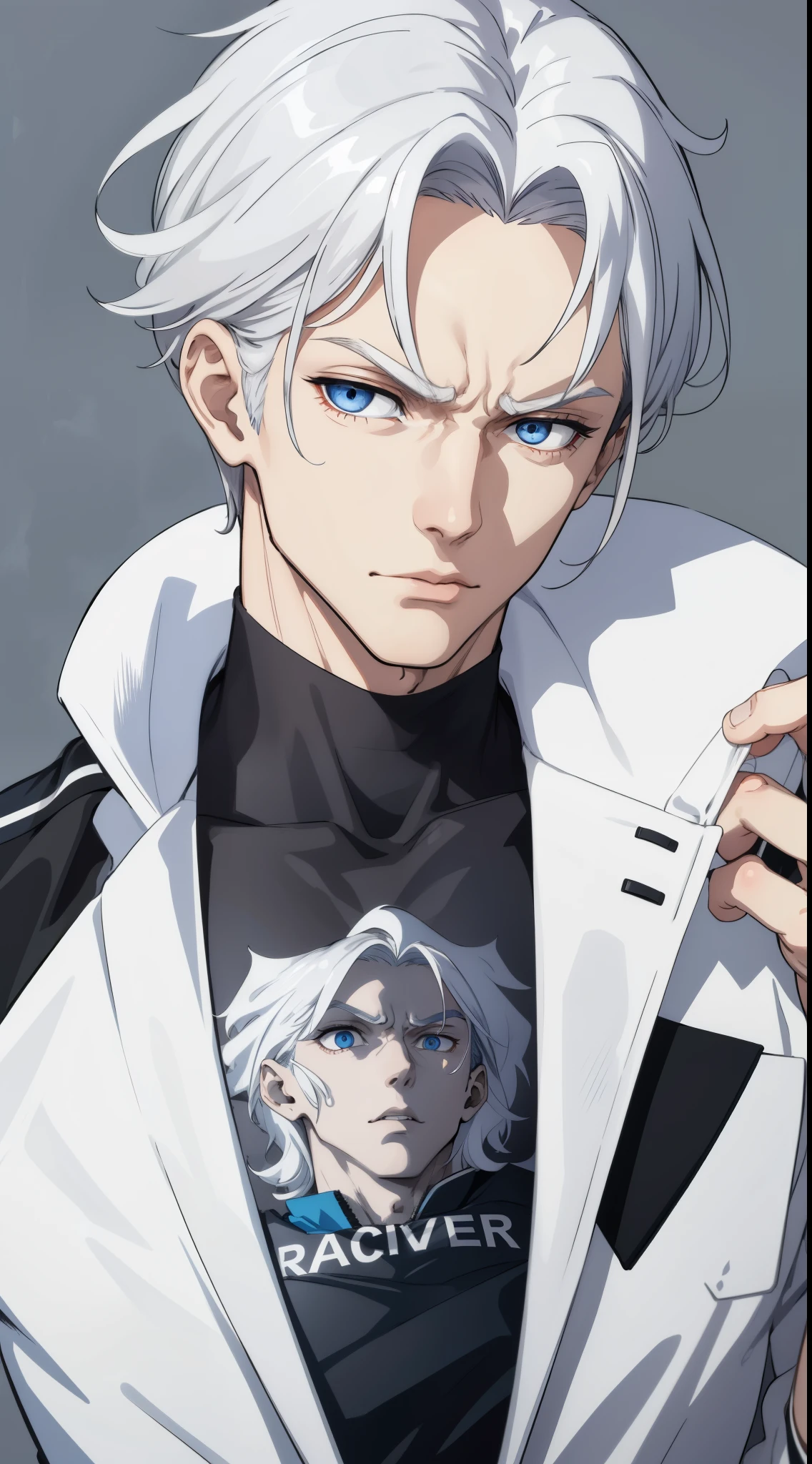 Boy, silver hair, blue eyes, serious sharp features, white skin, handsome, T-shirt, black jacket