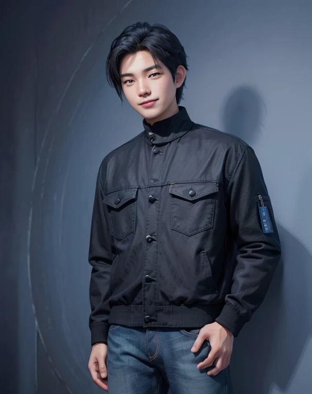 1 man, black hair, refreshing smile, stand facing forward, black jacket, blue background,blue cloth with jeans pants, leaning on the blue wall