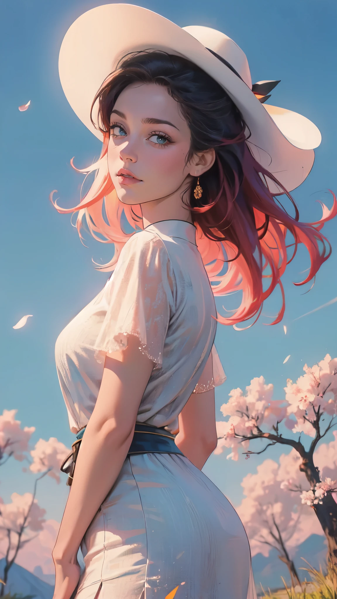 （masterpaintingelhor Quoridade），Riverside，There are many tall buildings across the river，profundidade de campo，perfect  lighting，light particleelhor Quoridade），（masterpaintings），（hiper detalhado），sharp focus，light particles，a beautiful Chinese woman standing in a cherry blossom field with a sun hat and wearing pink halter dress, longos cabelos castanhos ondulados, wearing sunglasses, alto e magro, Beautiful, sorriso sutil, Olhando_em_espreitando o espectador，sorrir，sozinho，open sky_Clothes，Arms back，standingn, e de corpo inteiro，Japanese style costume，raio de sol，The tree，De boca aberta，Arms back，cabelos azuis，orelhas brancas，fuchsia eyes