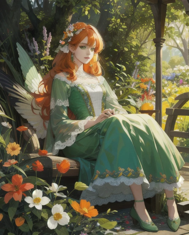 35mm, Incredibly detailed and exquisitely realistic, woman, Adult, Full body character, Forest Nymph, Adult, beautiful, Girlish, Orange Hair, Green Eyes, Dressed in a magnificent costume, Decorate your hair with flowers, Detailed face, Fair skin, Mature features, Garden Background, Cover art, Ultra-fine painting, Lighting, Bar Lighting, Resort, 4K resolution concept art portrait.