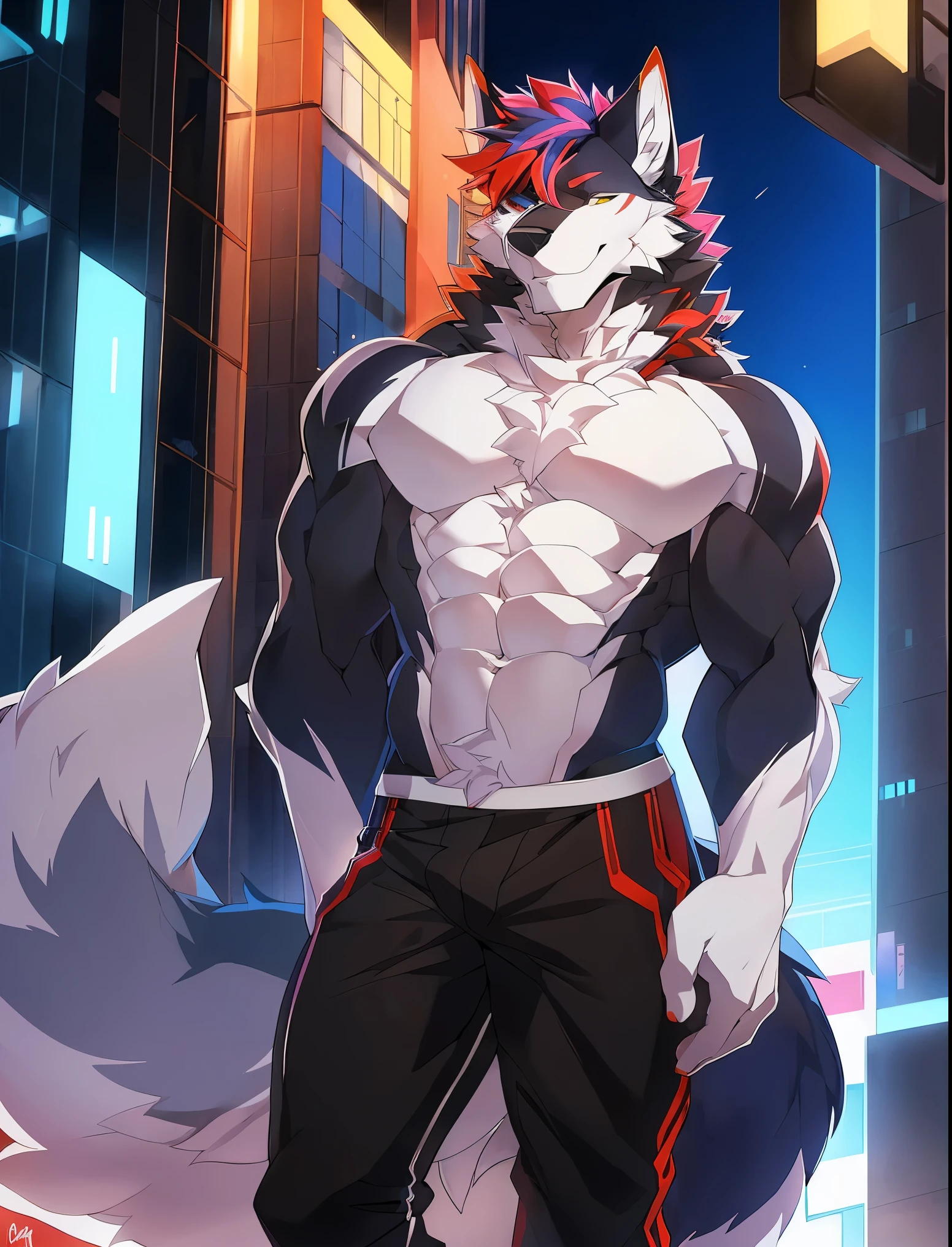 ((Solo)), male people, anthro wolf, (Multi-colored fur, White tail pointed), (Height 3meters,Tail length 2meters), Abs, pinginuscular, A long big tail, by patto, modern city