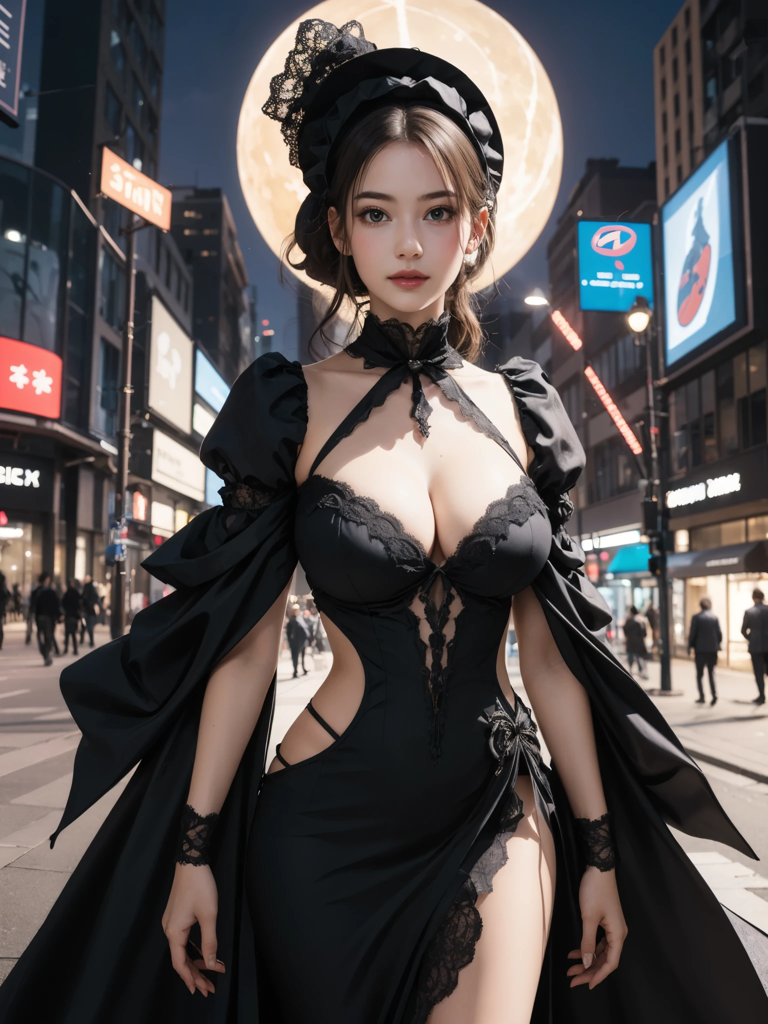 girl wearing victorian gown, BREAK, 1girl, gown, dress, absurdly intricate details ornate pattern, detailed face, lace bowknot bonnet hat, (deep long cleavage:1.2), (looking at viewer:1.2), elegant pose, city lights on the background, (futuristic fantasy city:1.2), immense building, night, gigantic breasts, 