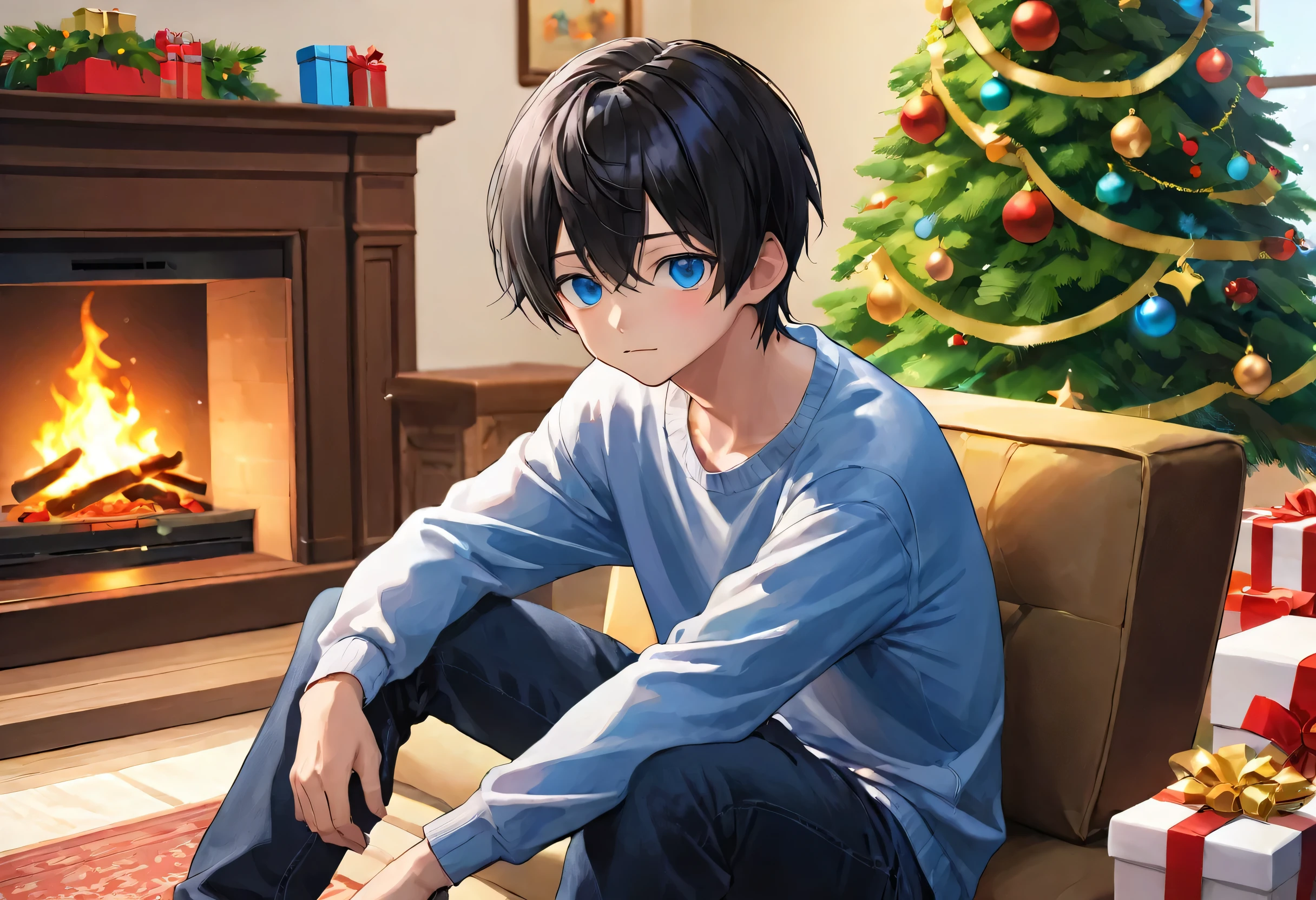 masterpiece、high quality、In the living room、sitting next to the christmas tree，17-year-old boy、（Glowing eyes、blue eyes、Posture relaxed、morning）（Nice and delicate hands:1.5）、Black Hair、Sufficient lighting、Very thin、Wear casual clothes、jeans、skin