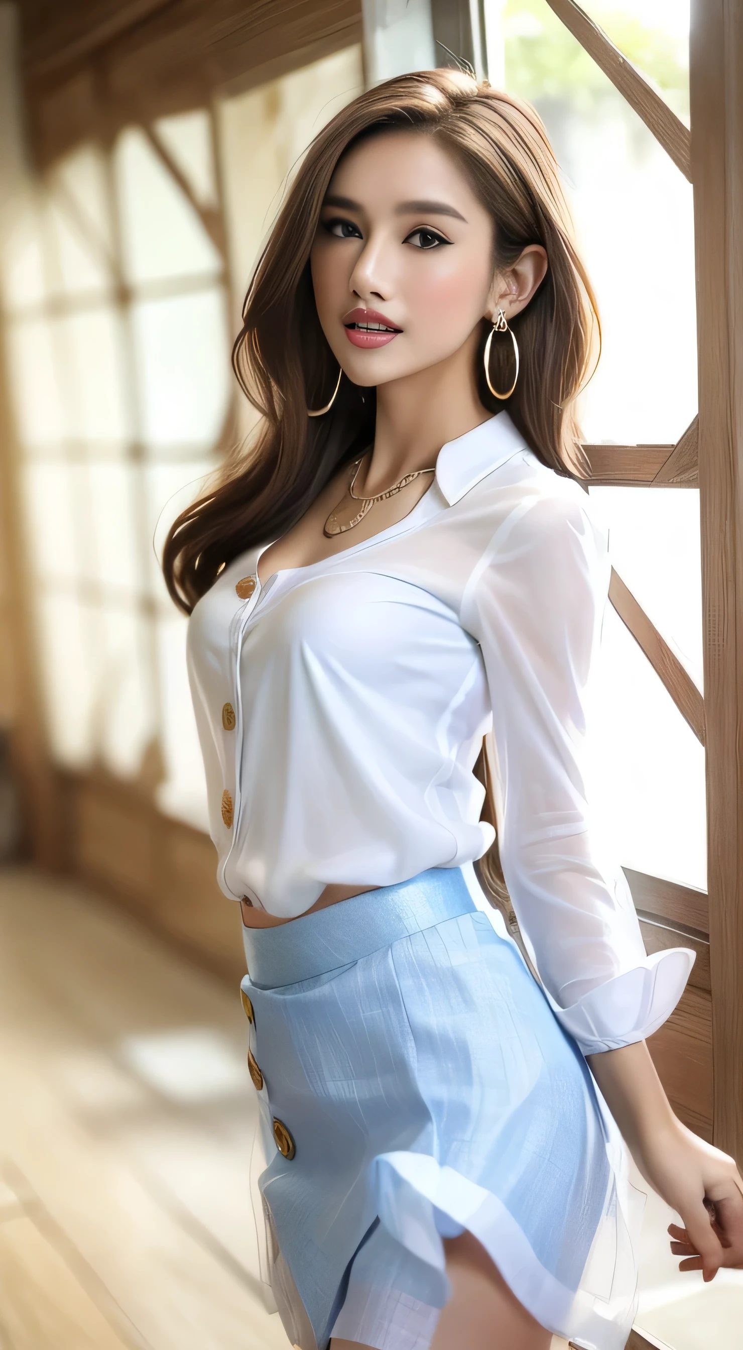 Fashion model, 18 years old [[[[Cleavage close-up]]]], [[[[Boobgasm]]]], [[[[col]]]], [[[[b shoulder]]]], Perfect Eyes, Perfect Iris，Perfect Lips，Perfect Teeth，Perfect Skin，White skin，Soft Front Light，High resolution，Movie Girl，The background is outdoors、((Wearing white crisp shirt_button up_see through sleeves:1.3)),((wearing blue flared mini skirt:1.3)),((Gold Necklace＿Large earrings:1.2)),((Extra long brown hair:1.2))、full figure supermodel standing, entire body in frame、