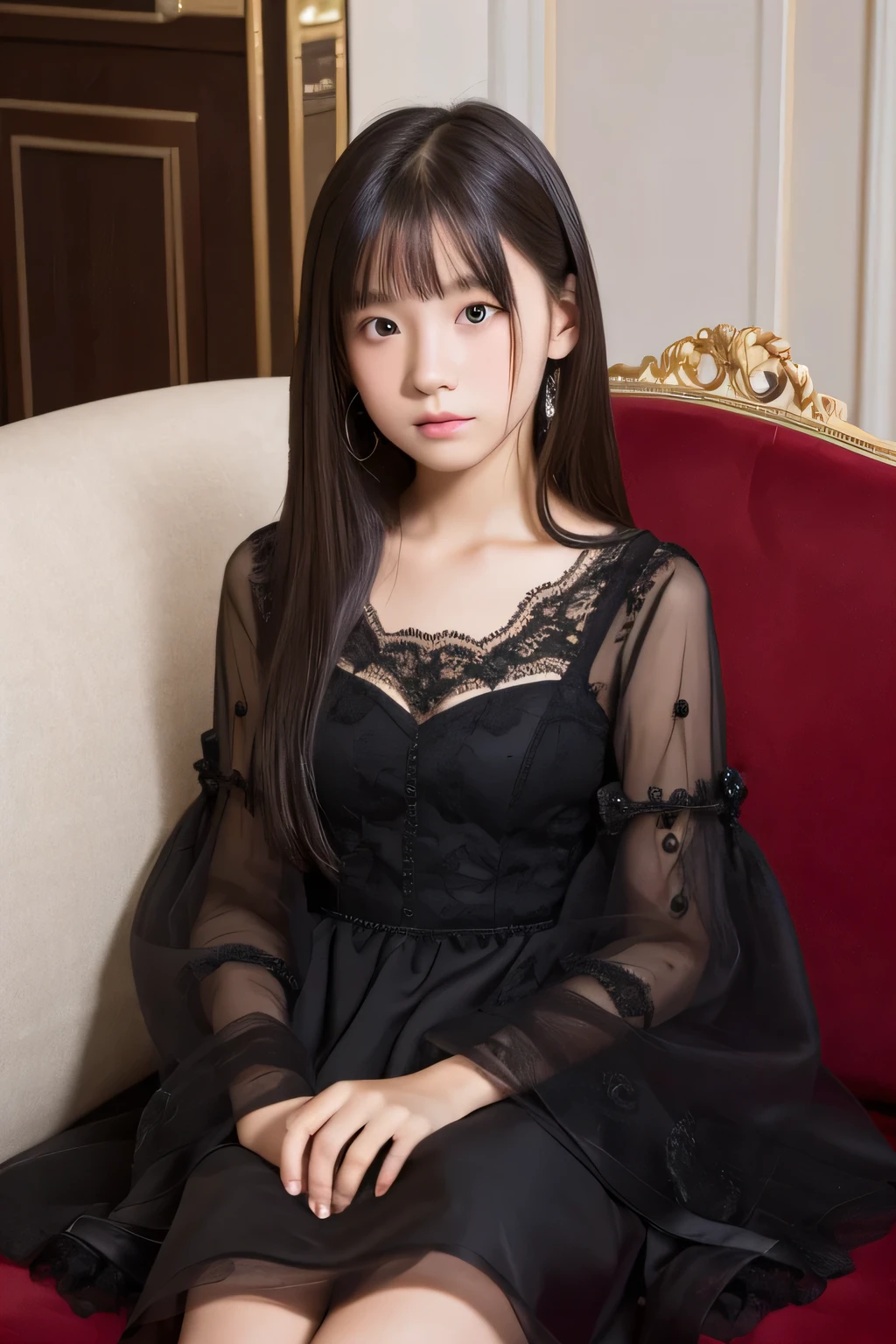 ((highest quality)), ((Photo quality)), (detailed), Perfect Face,,sofa,Thin,Black Dress