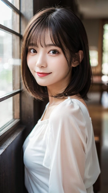 (highest quality,masterpiece:1.3,Ultra-high resolution),(Very detailed,Caustics,8k),(Realistic:1.4,RAW shooting),Japanese,28 years old,cute,I'm looking at the camera with a smile on my face,(Silver Hair),short hair),Duck mouth,Natural Makeup,big ,See-through,Plain open front sheer blouse、Black Elegant 3/4 sleeve cover up blouse ,夏用レース トップス レディース 半袖 スタンドカラー See-through,Bust up shot,Warm Light,Natural light,Professional Writing