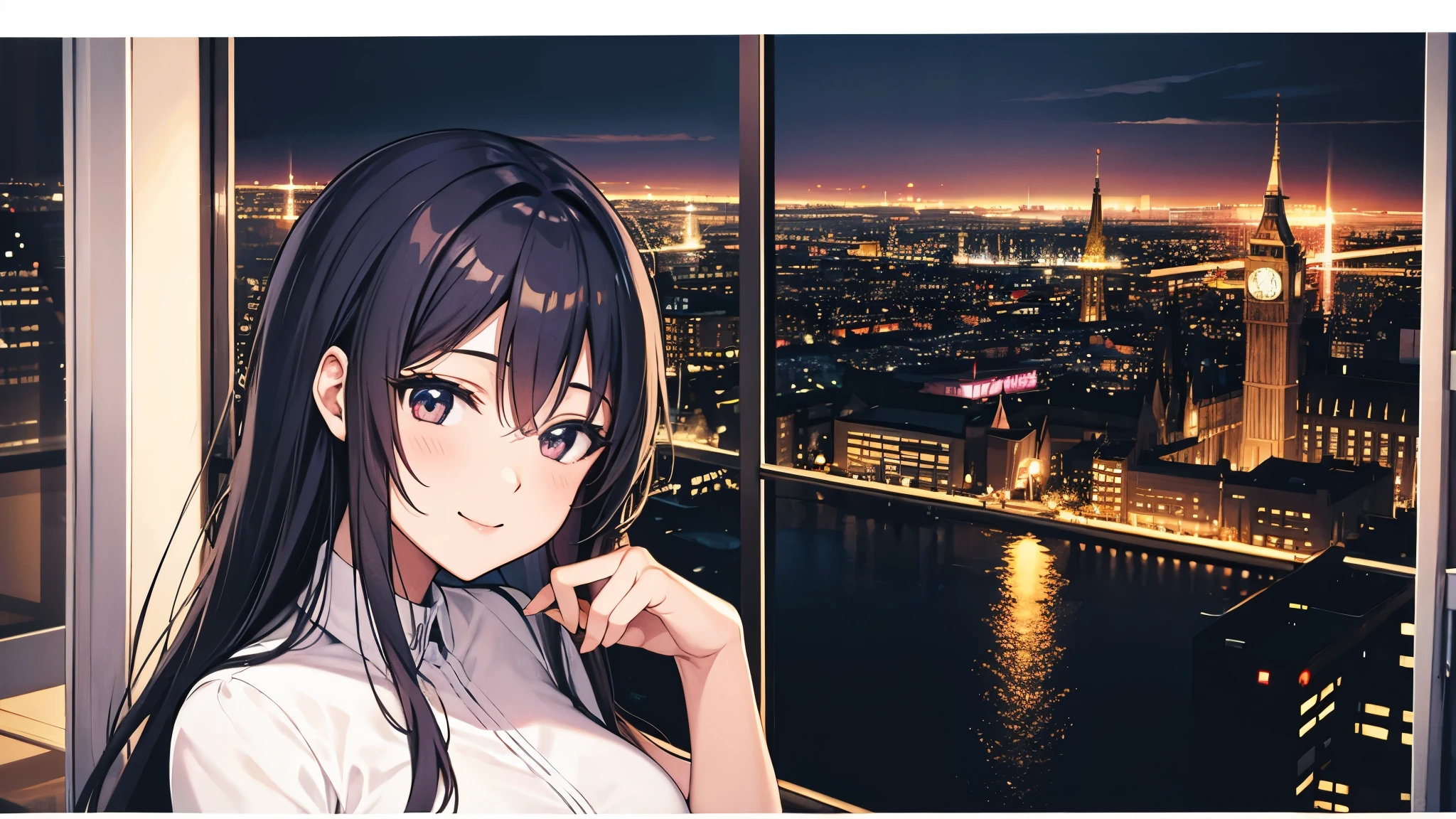 A window overlooking the night view of the city、Anime characters、woman、smile