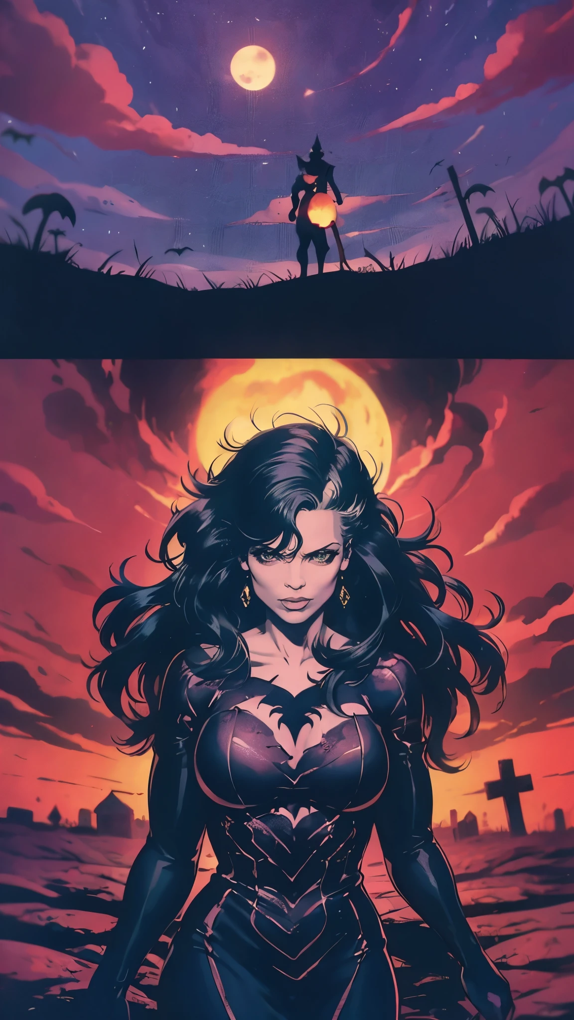 Portrait chest, girl wearing a dark dress in a gloomy cemetery, spooky atmosphere, full moon, bats flying around, Jack Skellington, Halloween town, glowing pumpkin lanterns, skeletal trees, haunted house, eerie shadows, Tim Burton style, black and white with pops of vibrant colors, eerie green light. (best quality,highres),dark and creepy landscape, gothic aesthetic, surreal and whimsical, haunted holiday