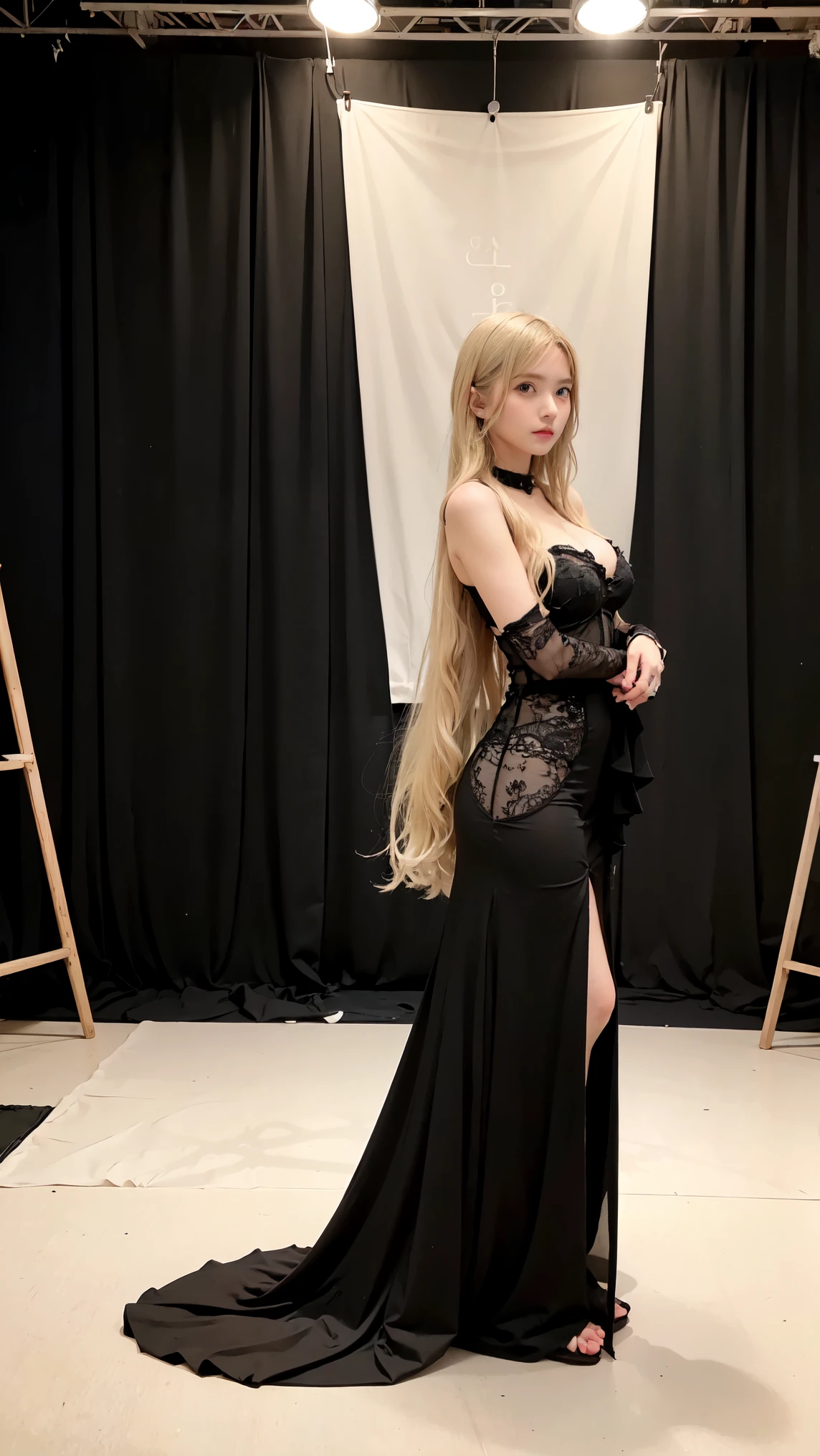 ((Beautiful young blonde German model with modern long hair, model, Professional: 1.6)), (highest quality, 4K, 8k, High resolution, masterpiece: 1.2), Super detailed, Realist, Modern style, Moda elegant, Full Body Shot: 1.5, Plano General: 1.5, elegant, Modeling clothes, accessories, elegant pose de modelo, Modern and beautiful hair, Next to the chestnuts, flashy, Bold Background, Studio Lighting, dynamic and elegant pose