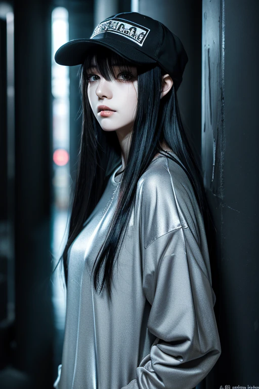 masterpiece, (A hopeless biopunk horror), Dark Anime Girl, Grey Eyes, Strict and long closed clothes, Shiny black cap, Black long pants, A lot of ash,, Highly detailed art