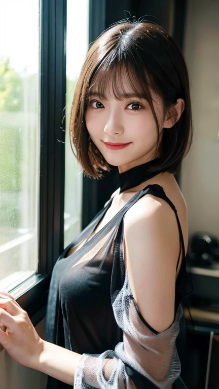 (highest quality,masterpiece:1.3,Ultra-high resolution),(Very detailed,Caustics,8k),(Realistic:1.4,RAW shooting),Japanese,28 years old,cute,I'm looking at the camera with a smile on my face,(Silver Hair),short hair),Duck mouth,Natural Makeup,big ,See-through,Plain open front sheer blouse、Black Elegant 3/4 sleeve cover up blouse ,夏用レース トップス レディース 半袖 スタンドカラー See-through,Bust up shot,Warm Light,Natural light,Professional Writing