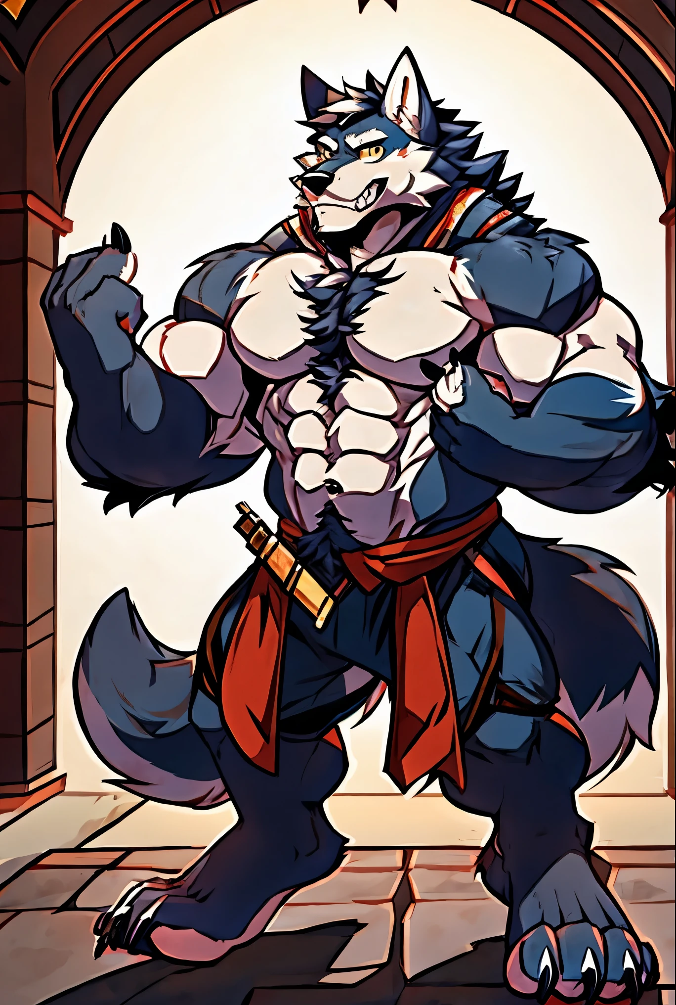 Human-wolf,musculous,Hairy all over,clawed paws,erect through