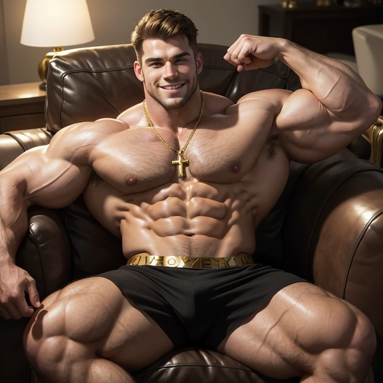 a very handsome, sweet and truly massive monster Caucasian bodybuilder is showing off his huge bicep muscles and meaty thighs. Smiling young adult. brown hair, powerfully muscled, massive shoulders and biceps. well-defined six pack. Exceptionally thick gold cross necklace. Lying on a sofa. Living room scene. Smaller, younger brother sitting beside him.