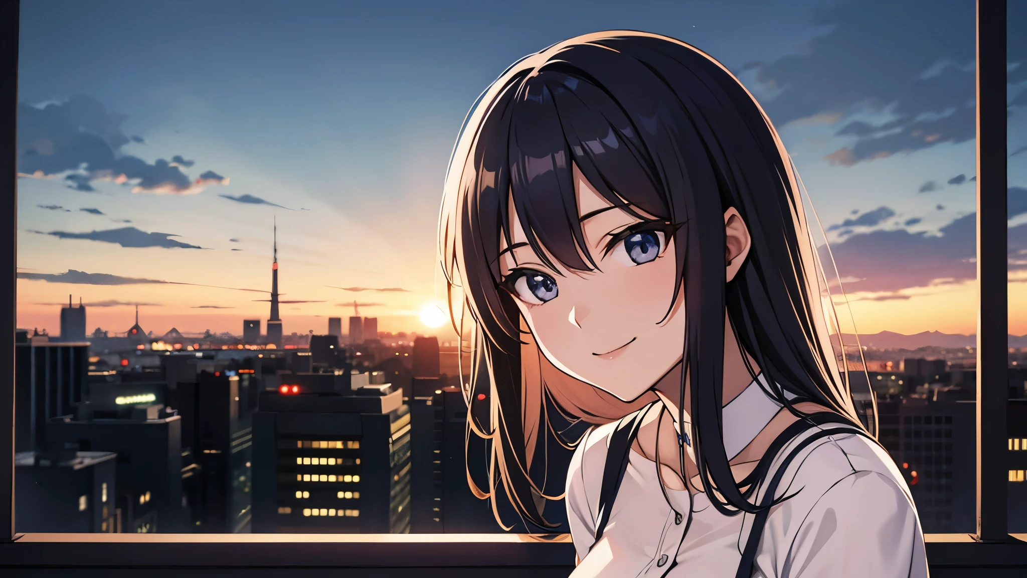 A window overlooking the night view of the city、Anime characters、woman、smile
