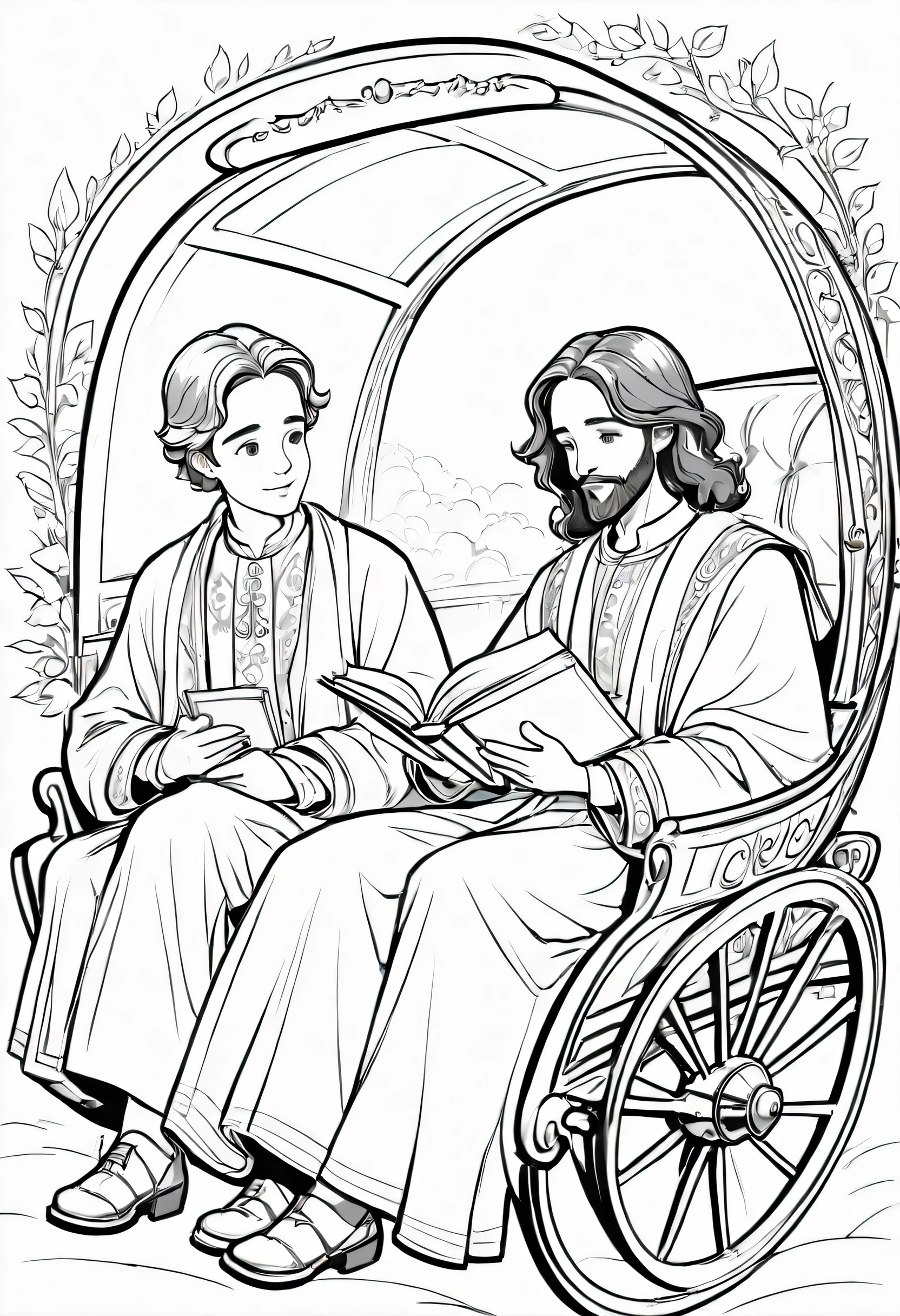 black and white outline art, for children, coloring book page, a young man reading a book to a man in his traveling carriage, completely white, children's style, white background, full body, Sketch style, , use sketch only , cartoon style, line art, coloring book, clean line art. with clothes in the time of jesus